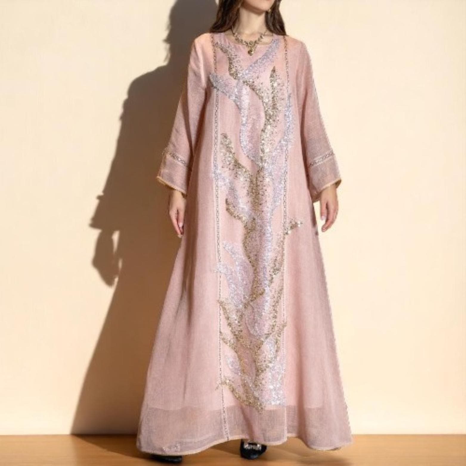Dubai Luxury Abaya Robe – White Mesh Beaded Dress for Muslim Women – Embroidered Kaftan Jellabiya, Arabic Morocco Islamic Clothing - image 5