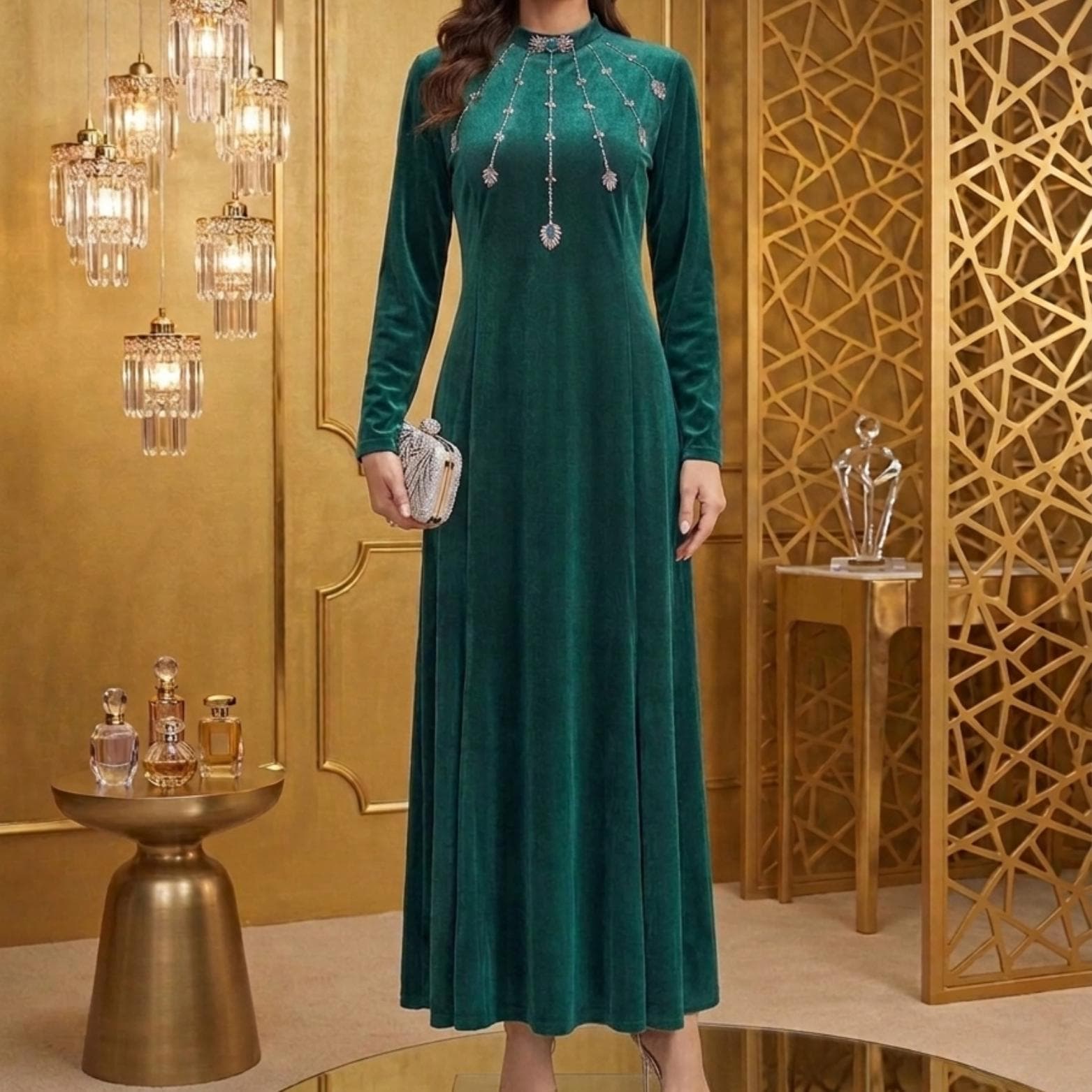 Velvet Fishtail Long Dress, Retro Handmade Diamond Embellished Gown, Elegant Evening Dress, Vintage Fashion, Gift for Her - image 3