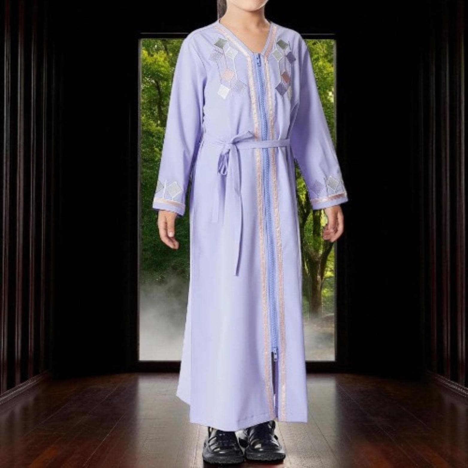 Girls' Zipper Abaya – Moroccan Kaftan, Islamic Eid Dress - image 3