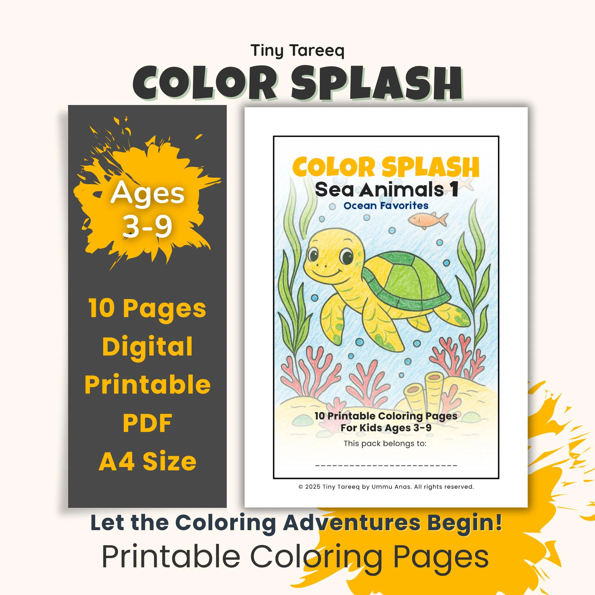 Sea Animal Coloring Pages: Dolphin, Turtle, Octopus, Shark (Printable PDF)