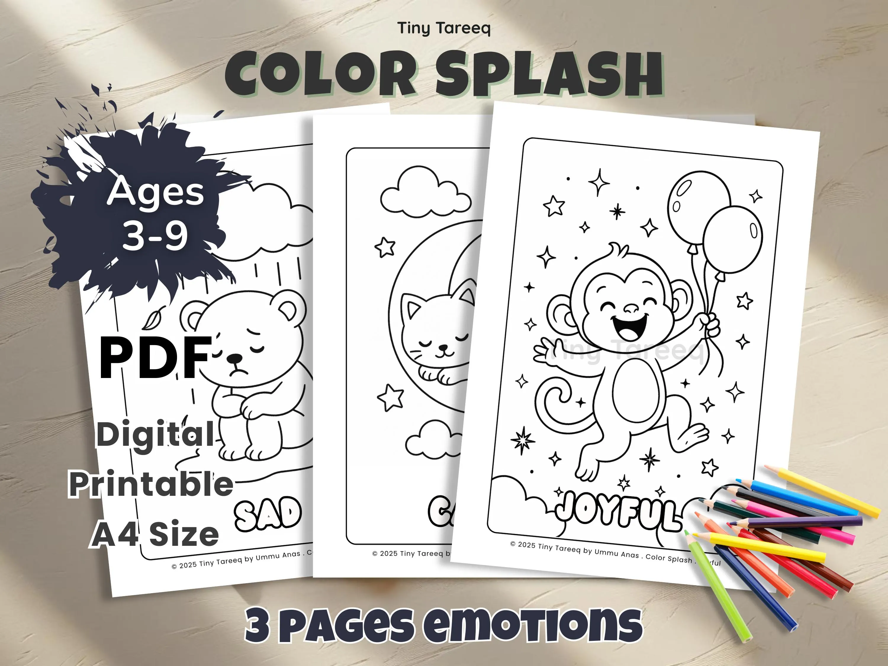Emotions Coloring Pages for Kids: Joy, Sadness, Calm (Printable PDF A4 Size)