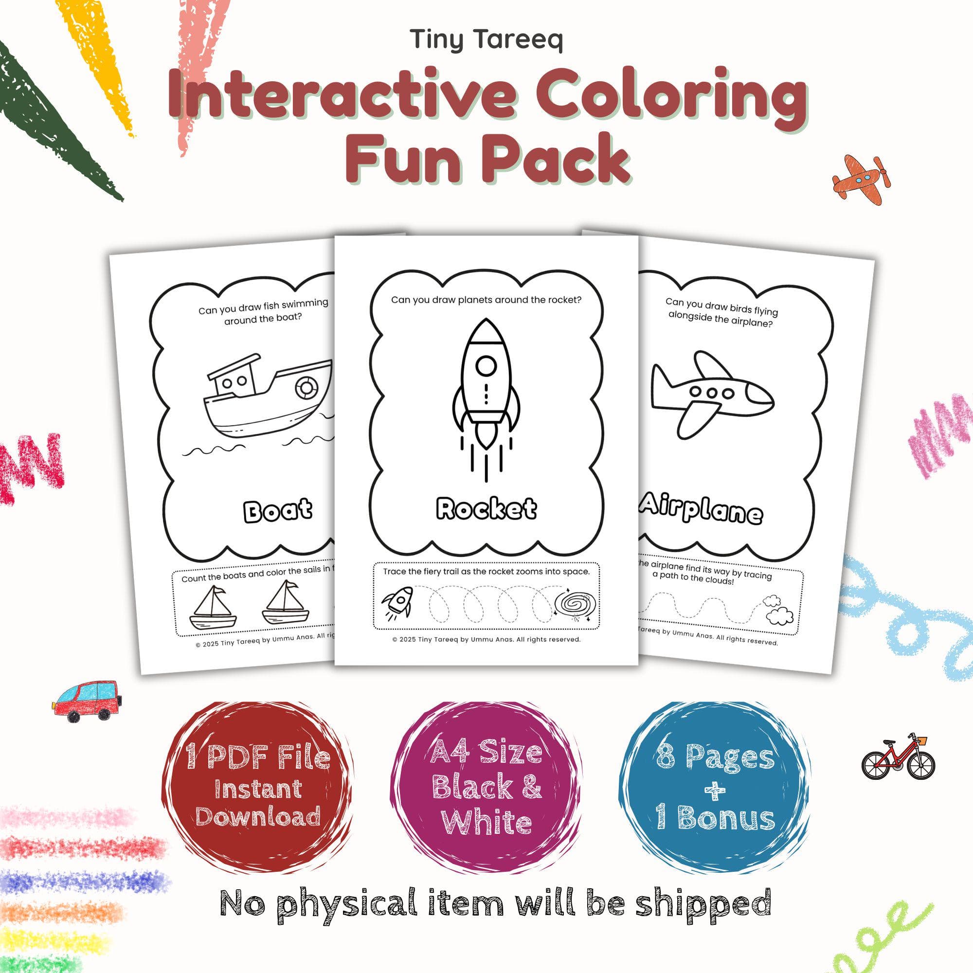 Vehicle Coloring Book for Kids: Transport Activity Pack (Printable PDF) Ages 3-7