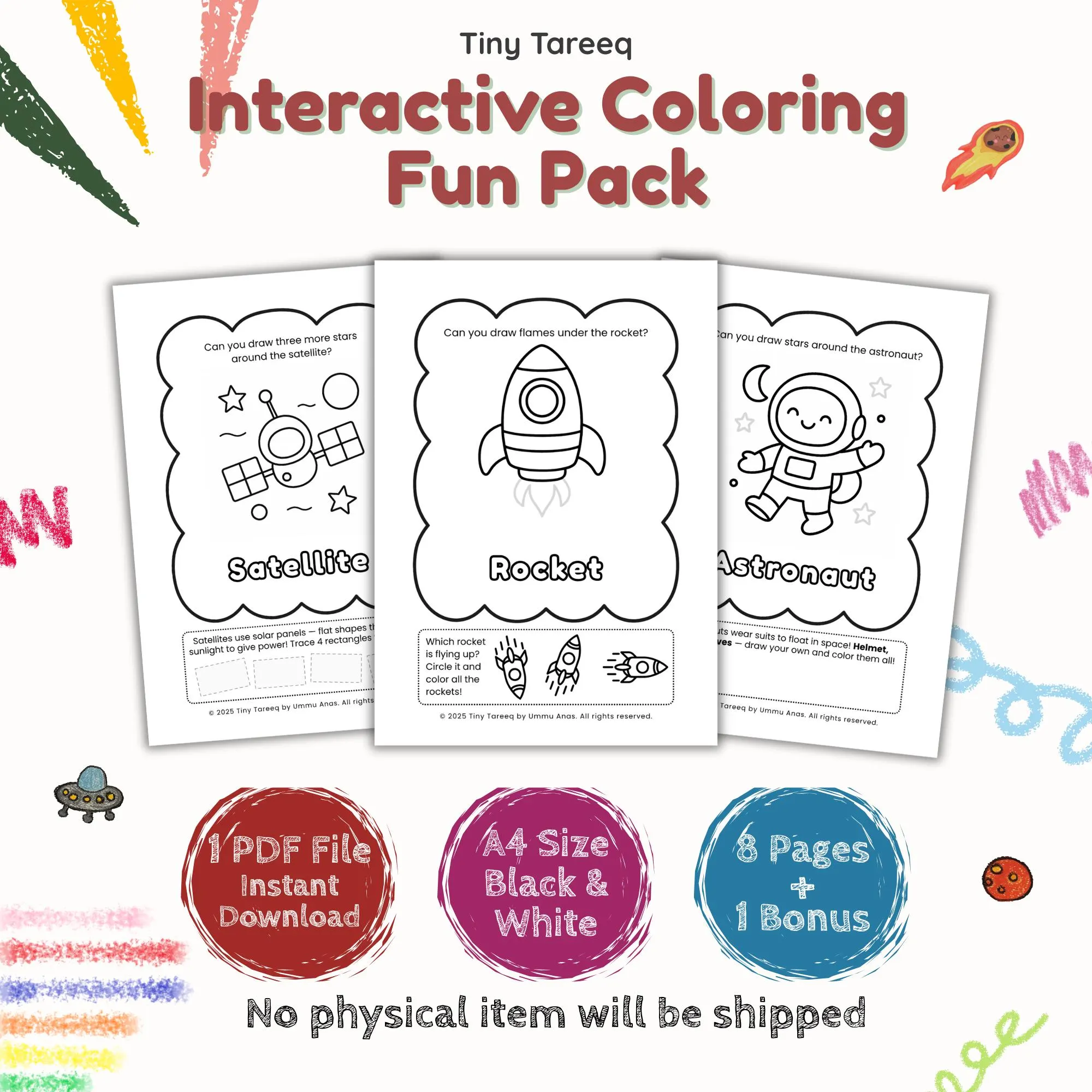 Space Coloring Activity Pack for Kids: Rocket, Astronaut (Printable PDF Ages 3-7)