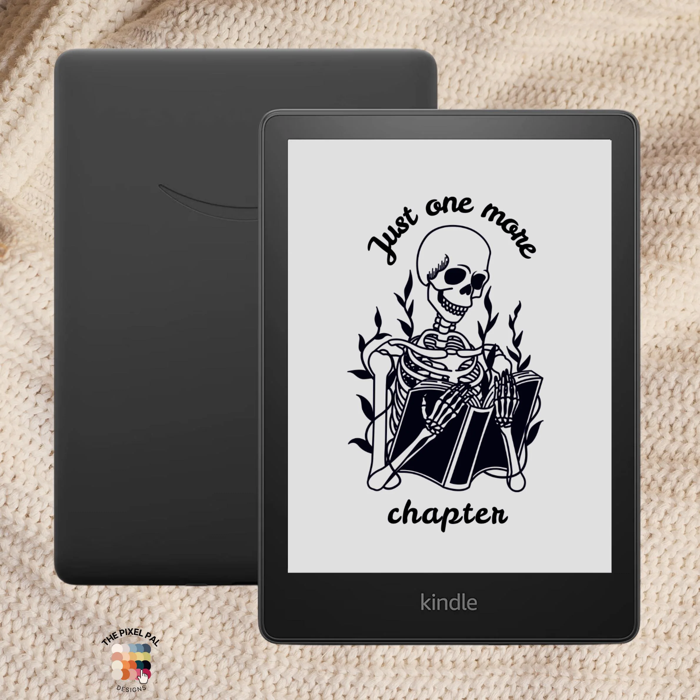 Just One More Chapter - Skeleton Kindle Paperwhite Screensaver – Light Mode Only