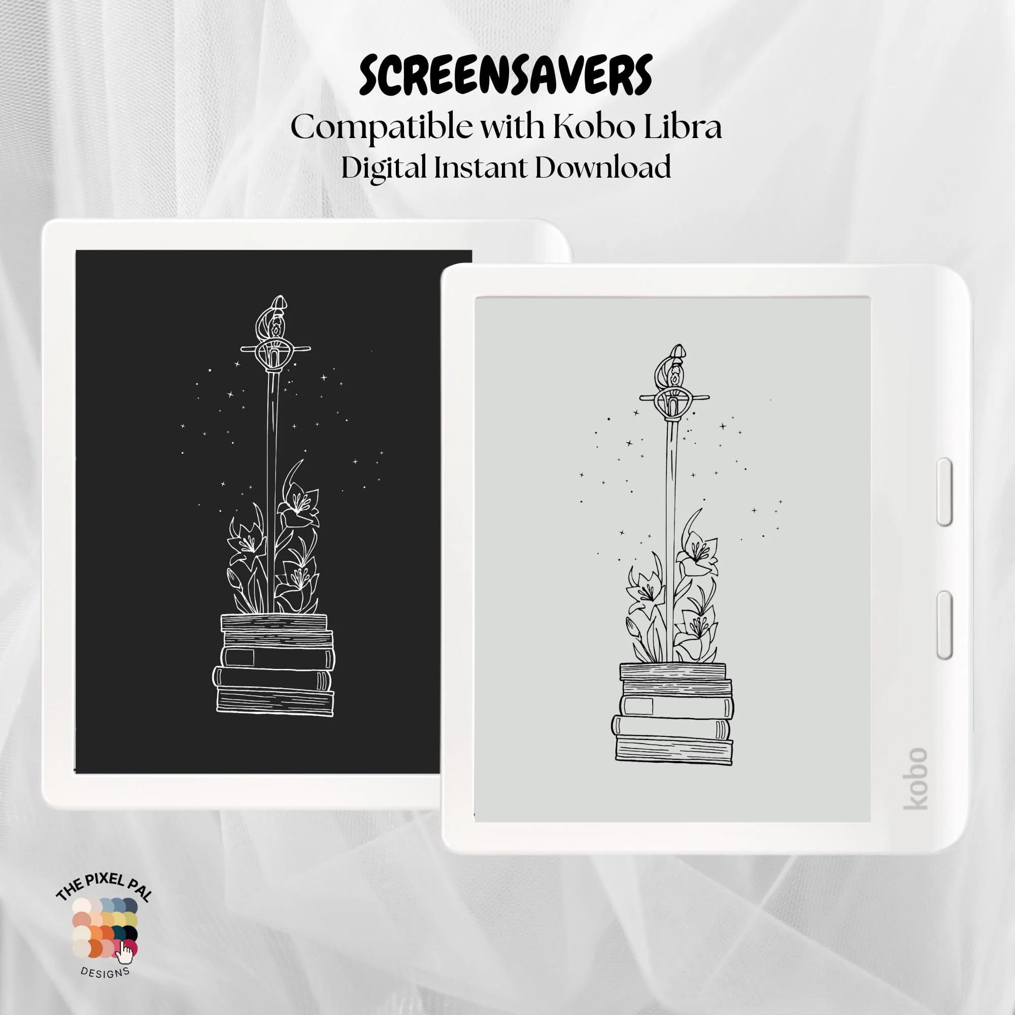Sword & Books Kobo Libra Wallpapers | 2-Pack Digital Screensavers for Libra (Dark + Light)