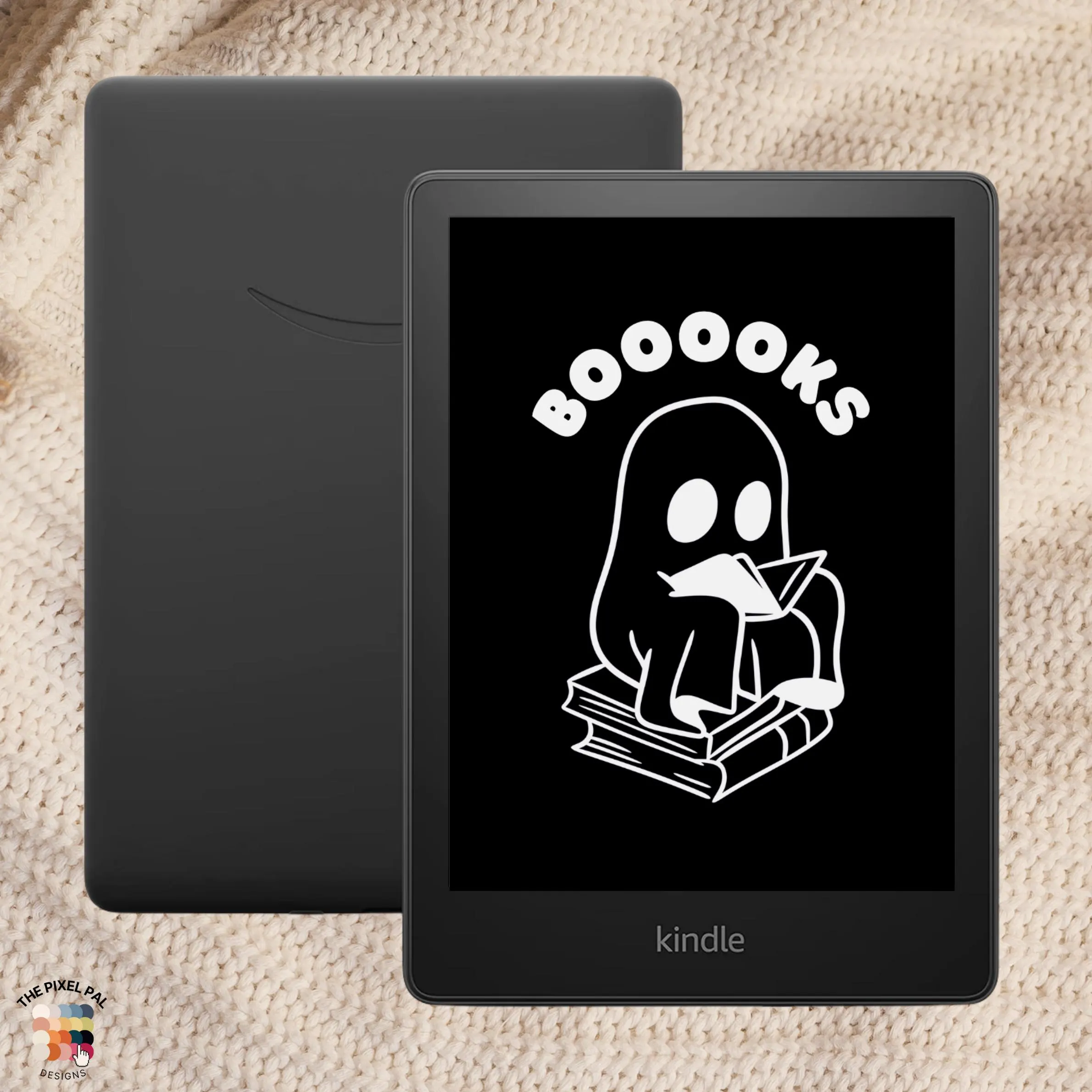 Ghost Reading Kindle Screensaver – Booooks Halloween Kindle Paperwhite Wallpaper (Dark Mode)