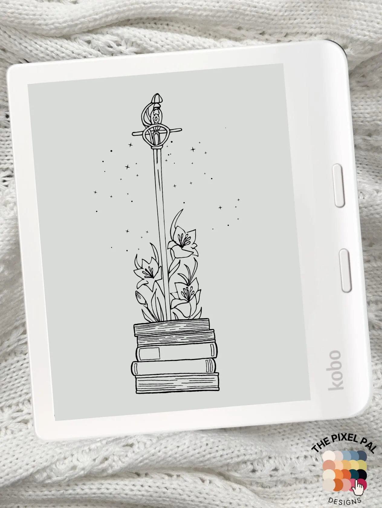 Sword and Bloom Book Stack | Light Kobo Libra Wallpaper | Digital eReader Background - image 3
