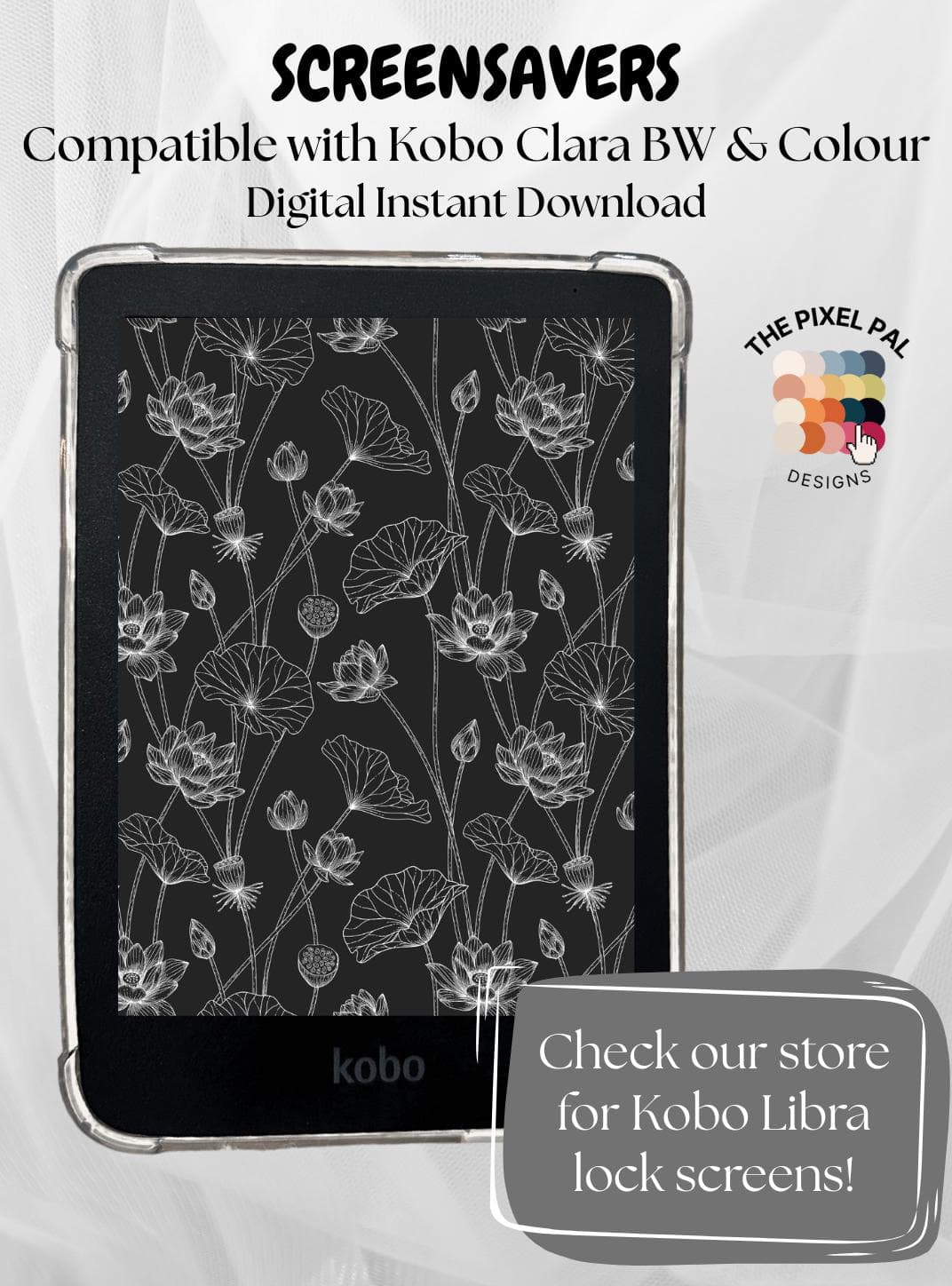 Floral Kobo Clara Wallpaper – Dark Mode Botanical eReader Background (Color & BW)