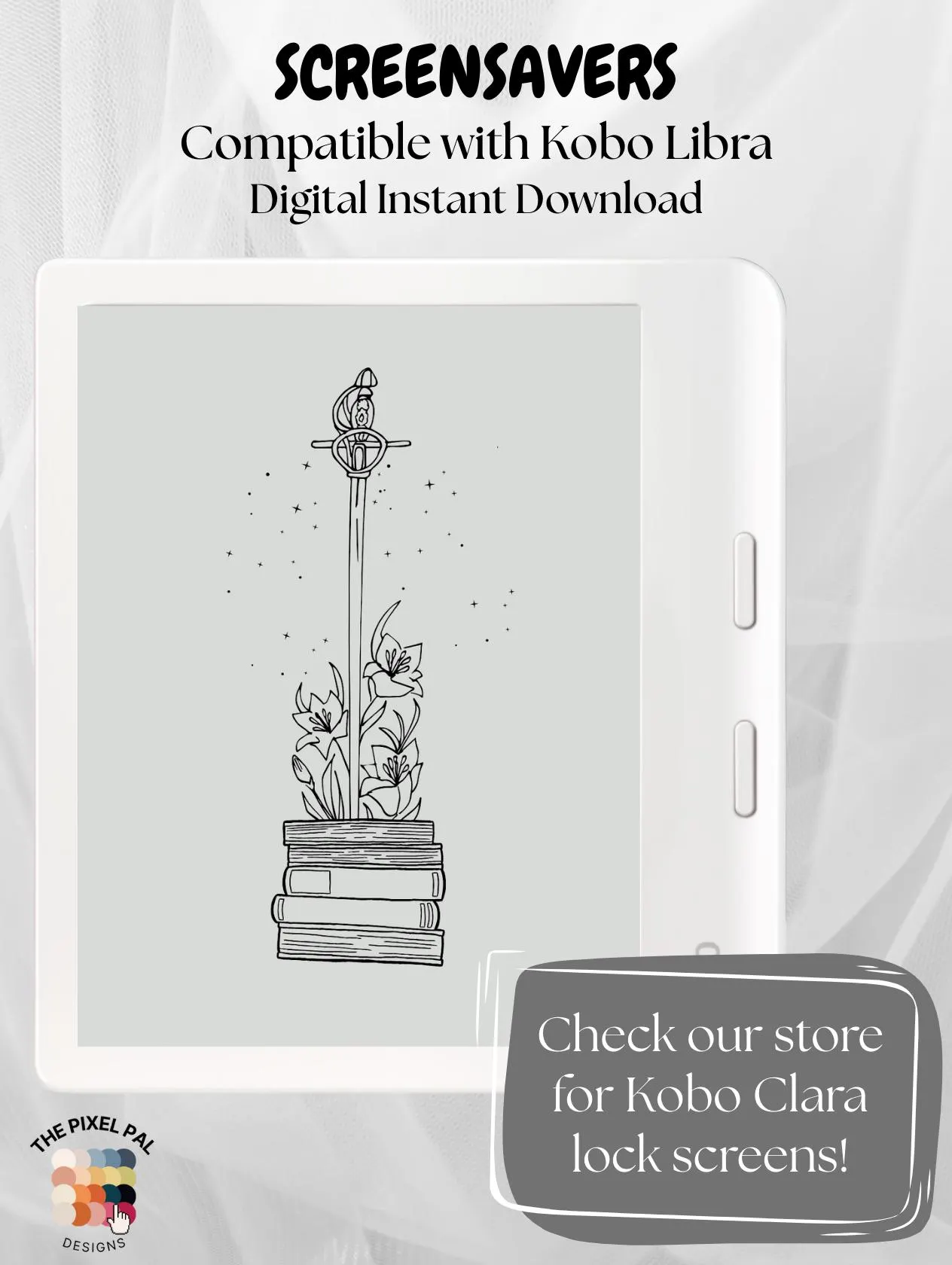 Sword and Bloom Book Stack | Light Kobo Libra Wallpaper | Digital eReader Background