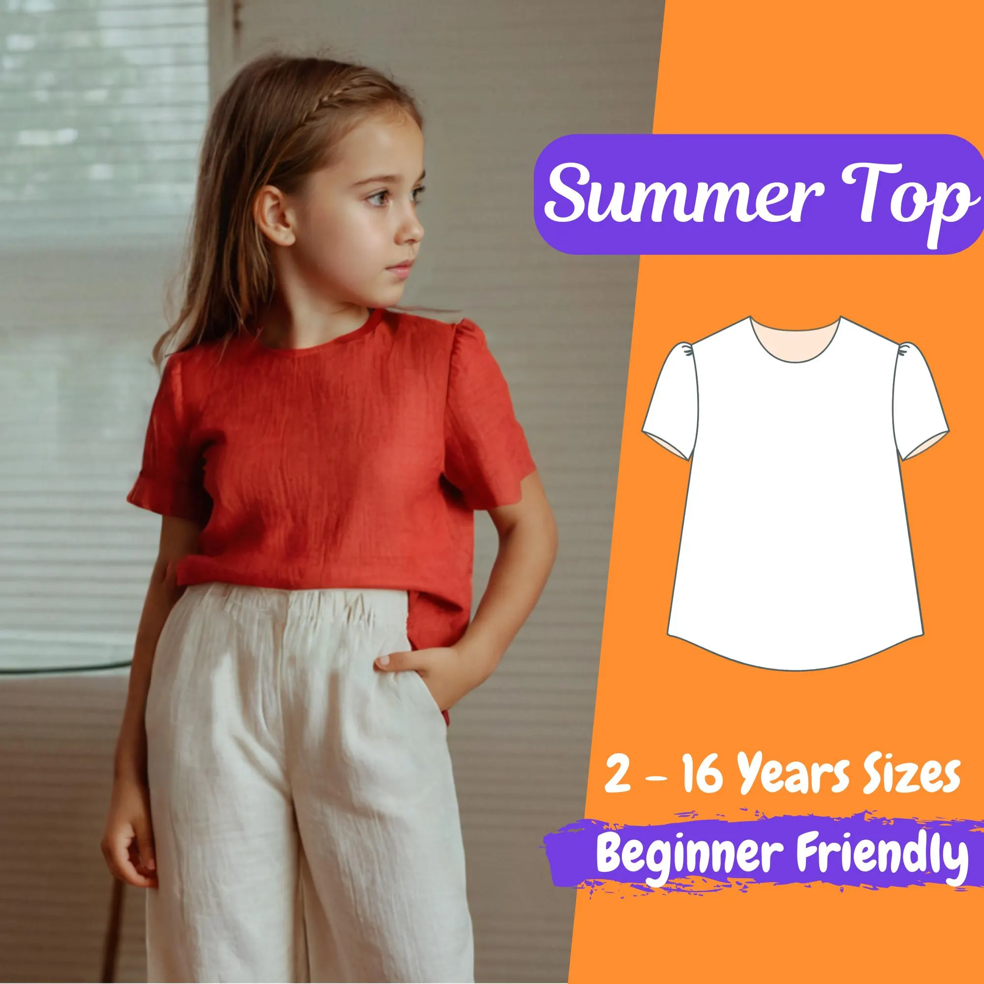 Top Sewing Pattern for Kids, Girls Summer Top PDF Pattern, Kids Beginner Pattern, Toddlers Cloth Sewing Pattern, 2 - 16 Y Pattern