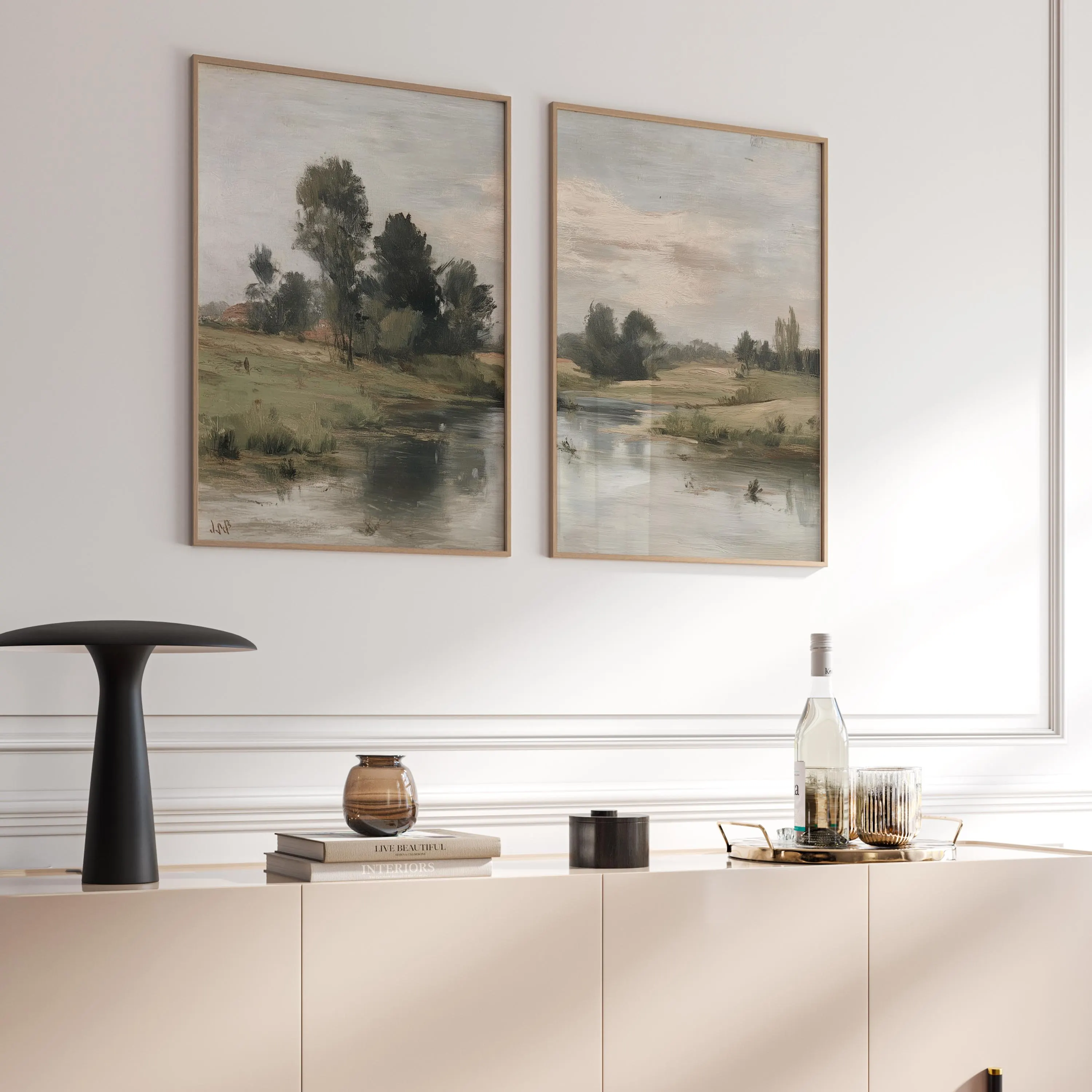 2er Set Landschaft Kunst, Klassische Malerei Wanddeko, Premium mattes Fotopapier, Flussufer & Bäume, Wohnzimmer Poster Set - image 4
