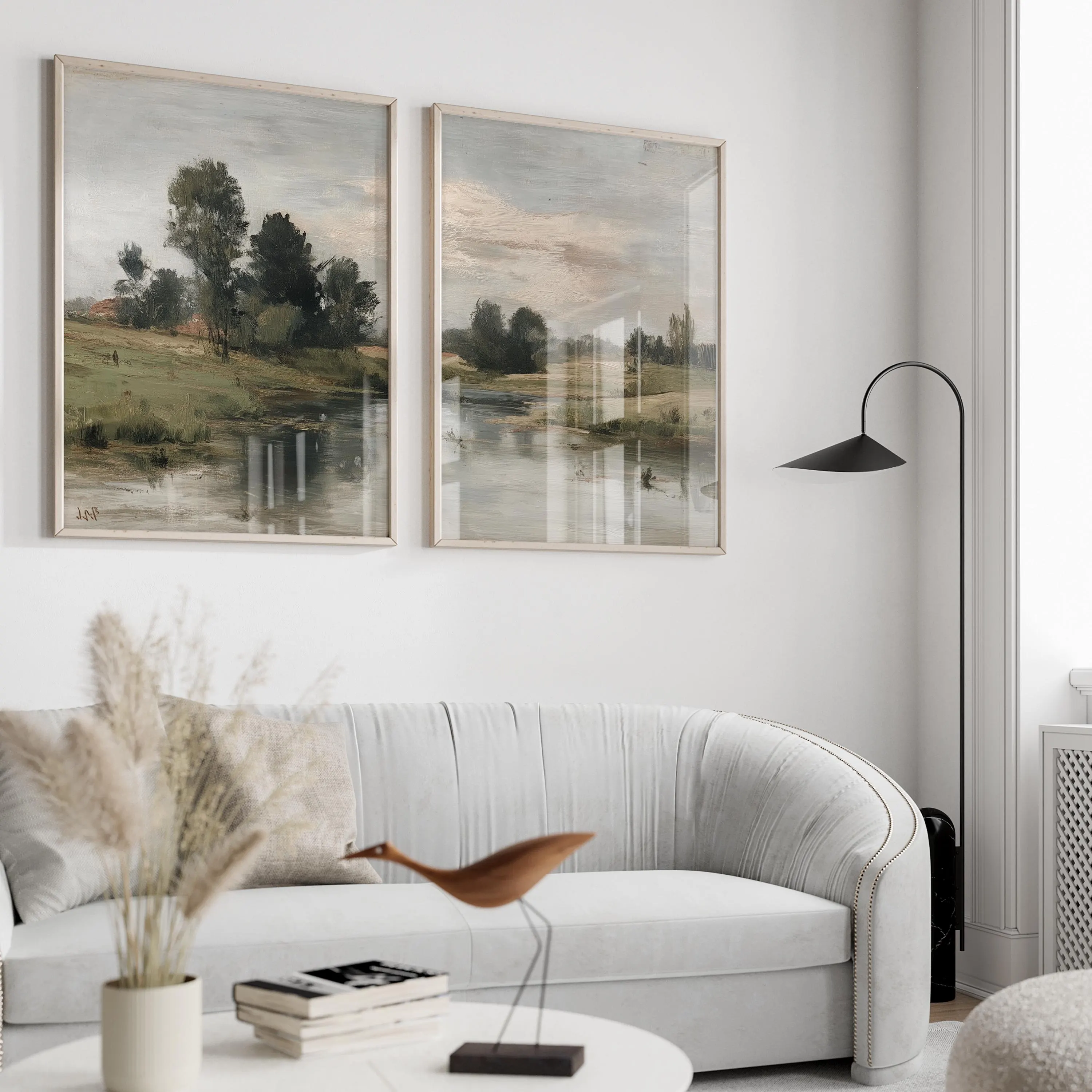 2er Set Landschaft Kunst, Klassische Malerei Wanddeko, Premium mattes Fotopapier, Flussufer & Bäume, Wohnzimmer Poster Set