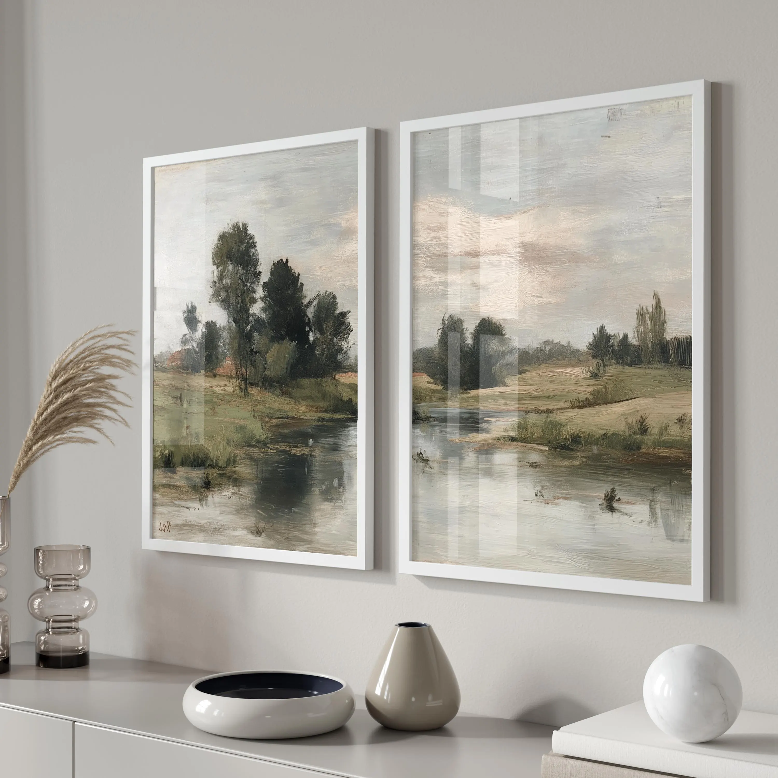 2er Set Landschaft Kunst, Klassische Malerei Wanddeko, Premium mattes Fotopapier, Flussufer & Bäume, Wohnzimmer Poster Set - image 5