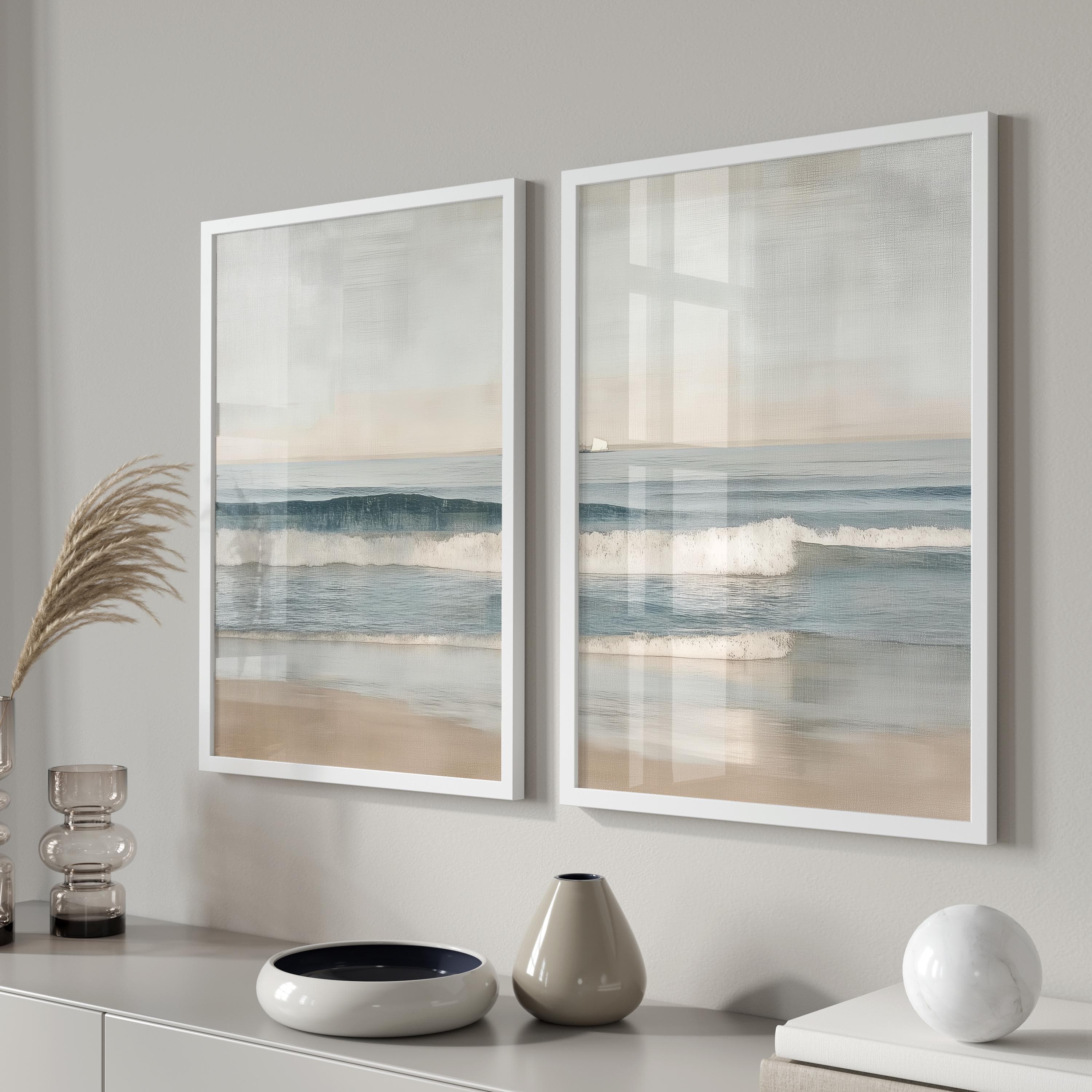 2er Set Wellen Poster, Meer Küsten Wandkunst, Premium mattes Fotopapier, Minimalistische Ozeanbilder, Sand & Wellen Kunst für Wohnzimmer