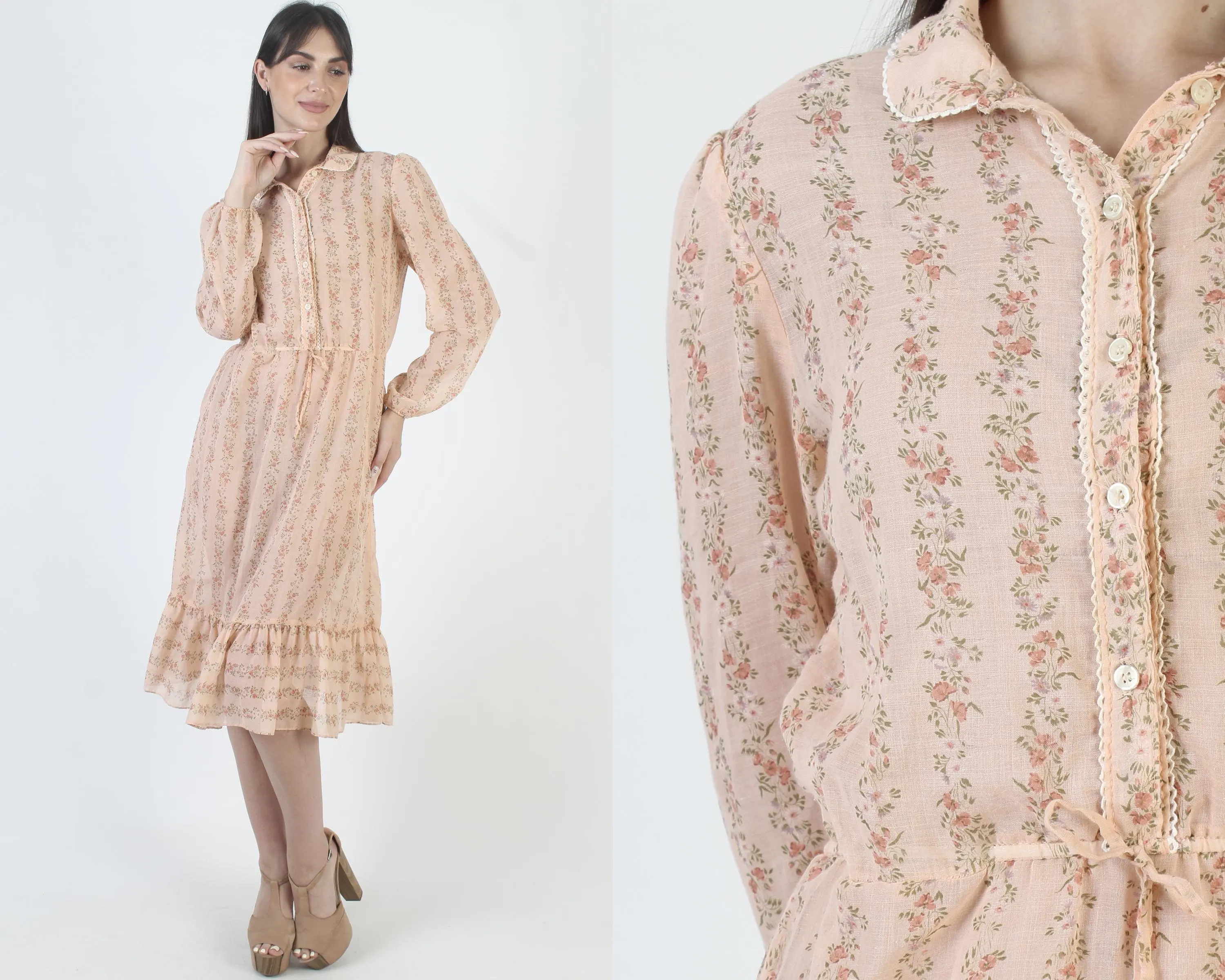 Peach Floral Sundress, Vintage 70s Prairie Dress, Lightweight Fabric, Vertical Stripe Print