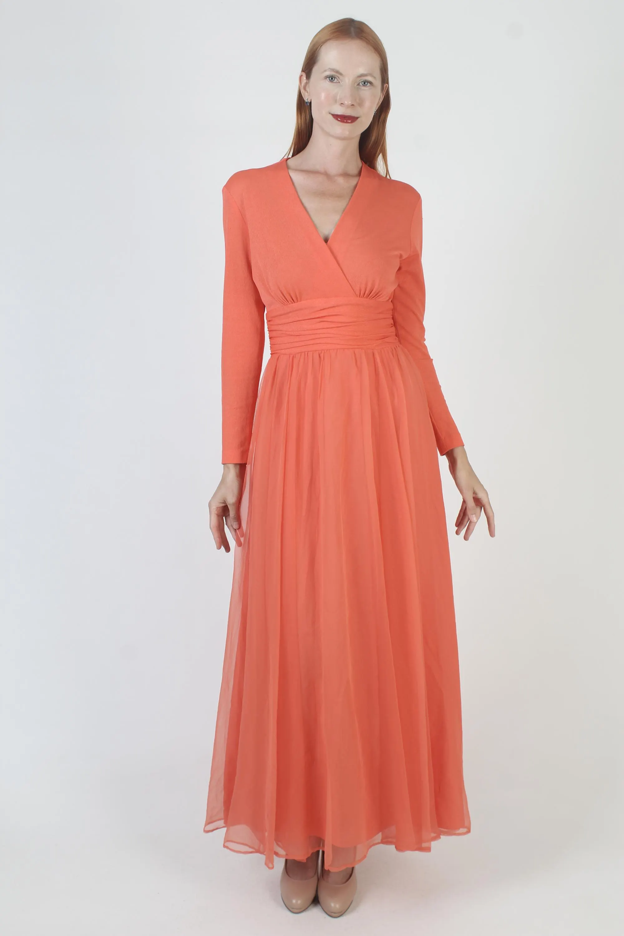 Vintage Miss Elliette Disco Dress, Orange Chiffon Gown, Cocktail Party Maxi - image 4