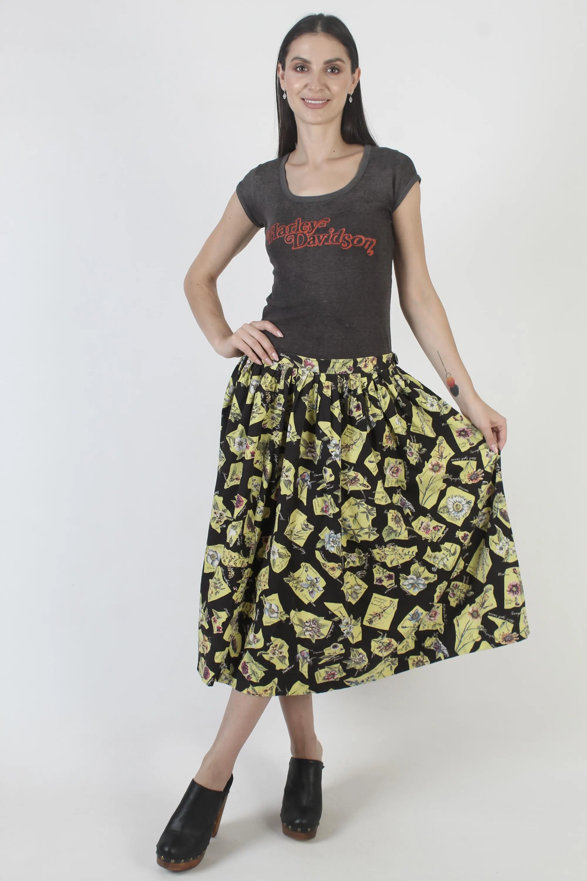 Vintage 50s Black Cotton Skirt, Floral Novelty Print, Mid Century Midi - image 4