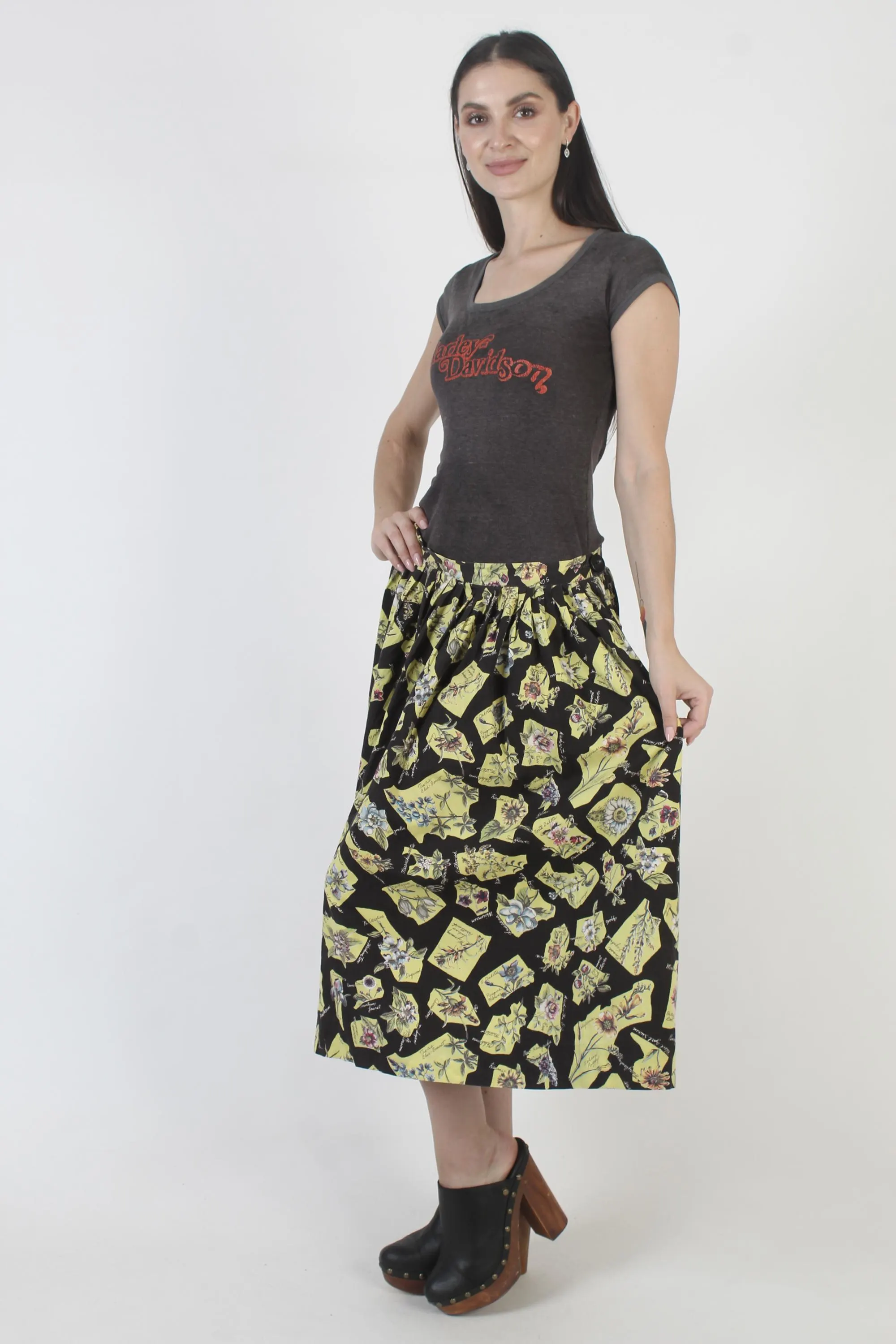 Vintage 50s Black Cotton Skirt, Floral Novelty Print, Mid Century Midi - image 5