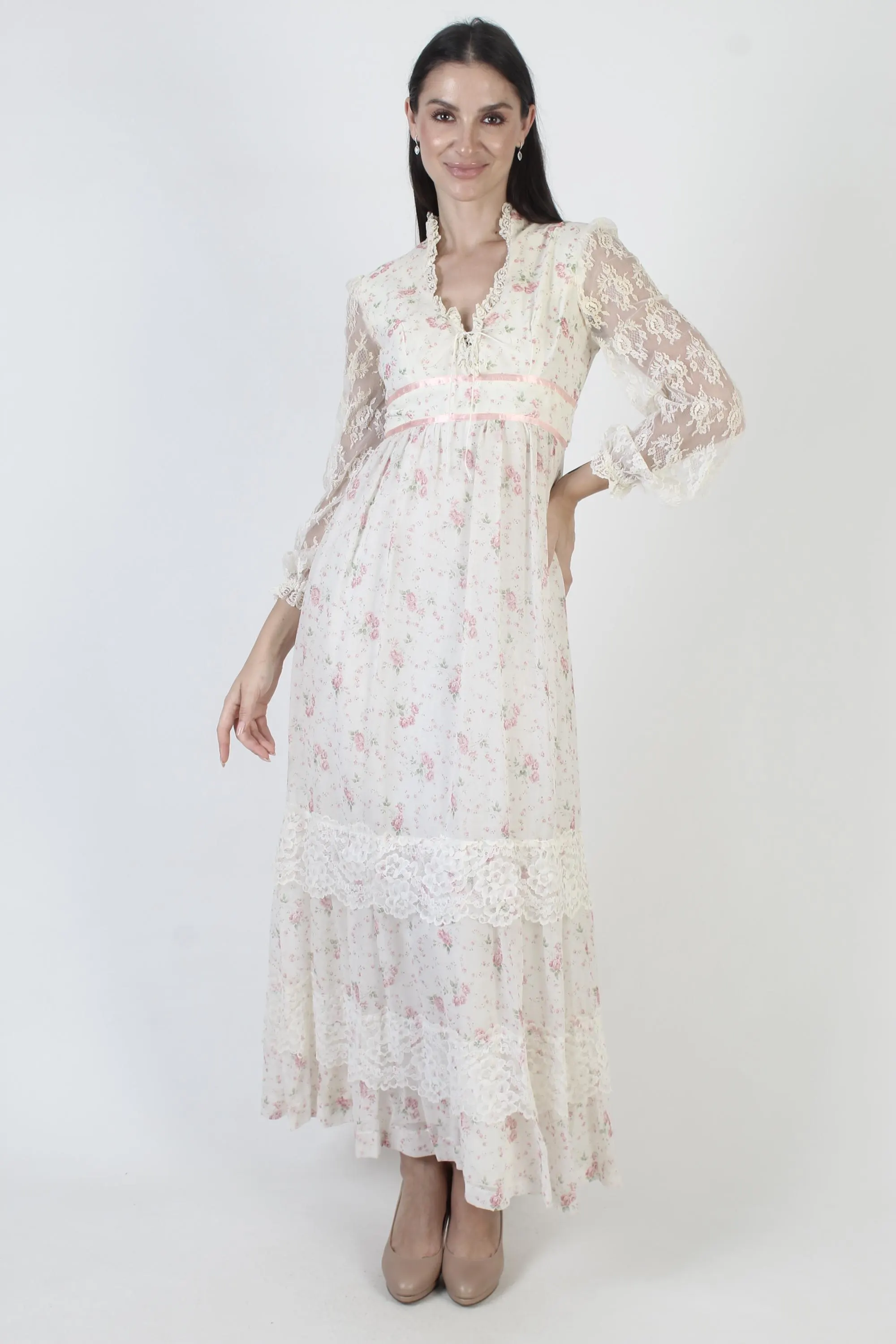 Bohemian Wedding Dress, Vintage Corset Gown, Sheer White Lace Sleeves - image 3