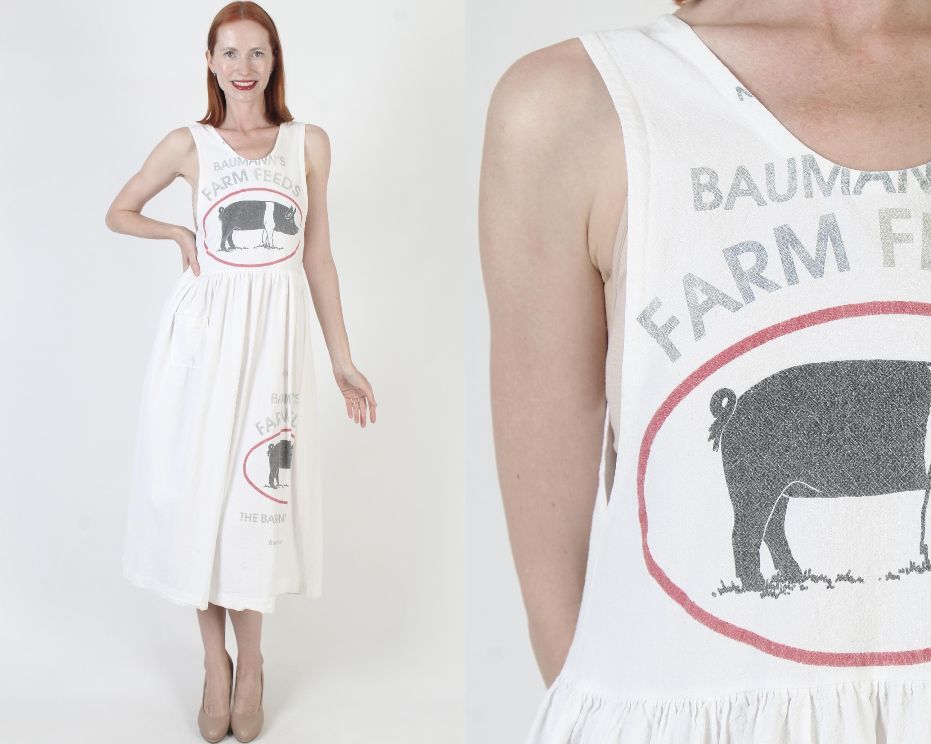 Rustic Flour Sack Dress, Country Farm Feedsack, Vintage Cotton Canvas Pinafore