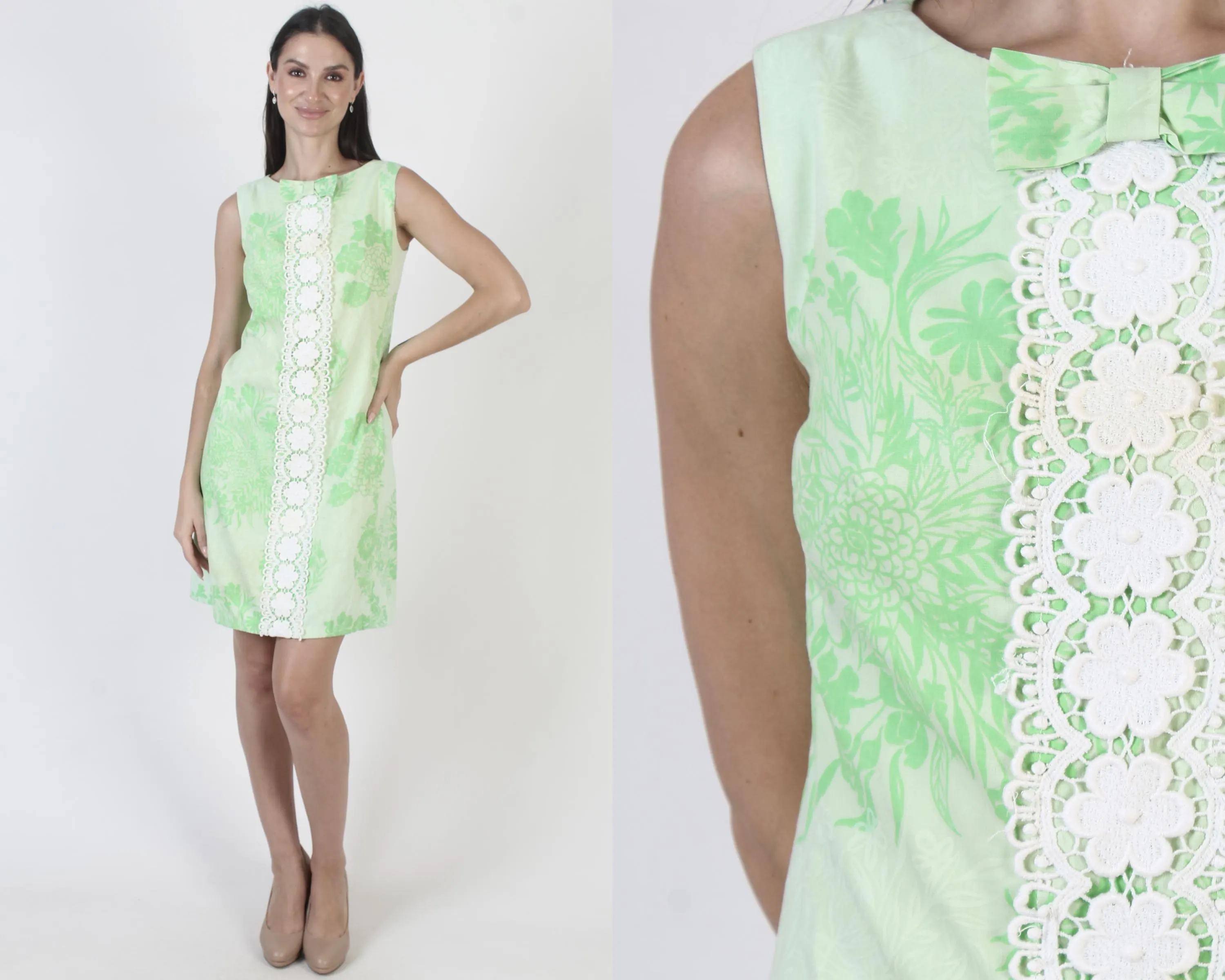 Vintage 60s Shift Dress, Floral Mod Micro Mini, Crochet Go Go Sundress