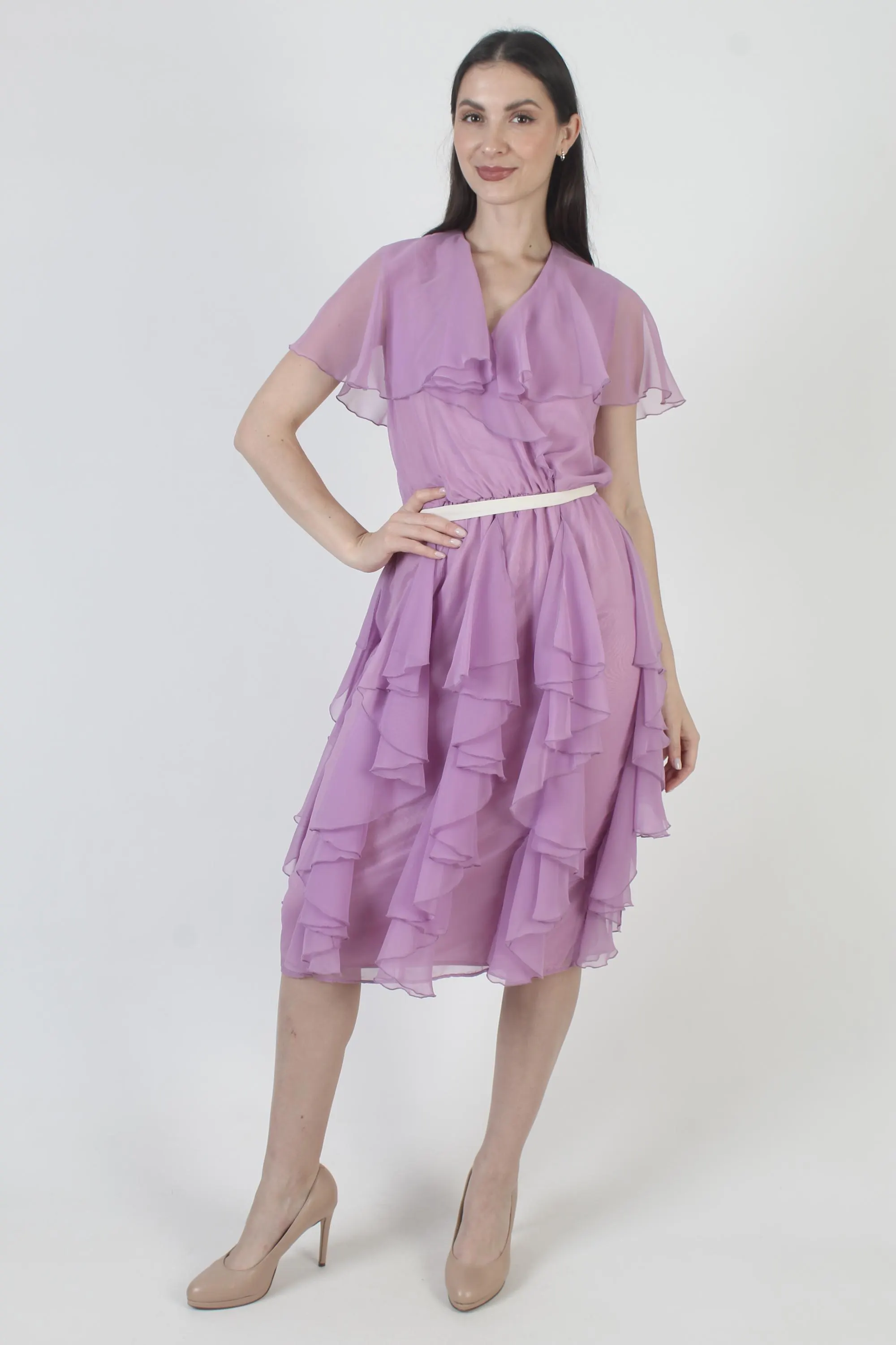 Purple Chiffon Dress, Disco Dancing Midi, Vintage 70s Tiered Skirt, Cocktail Party Host - image 4