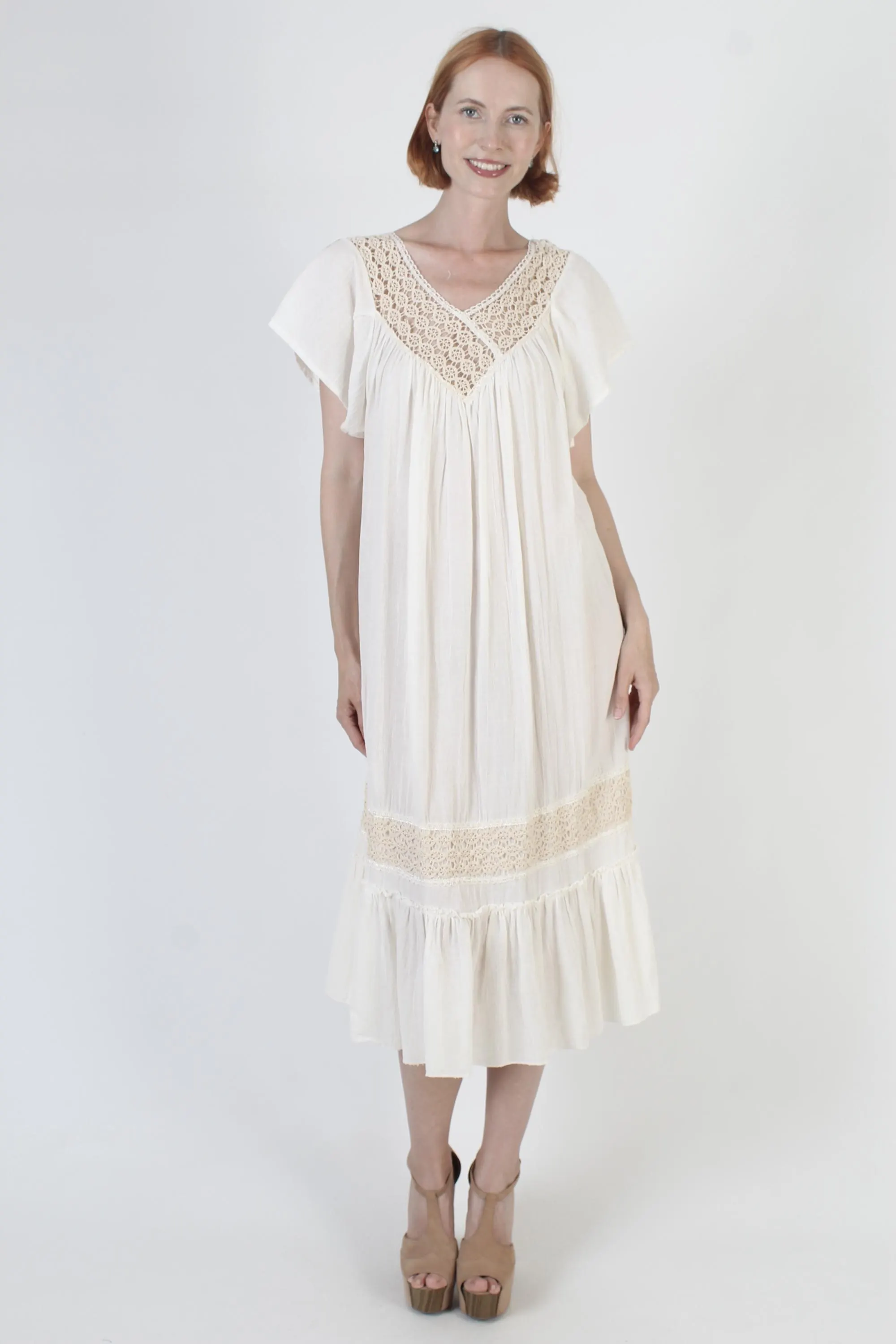 Cream Cotton Gauze Dress, Vintage Crochet Beach Cover, Pool Sundress - image 5