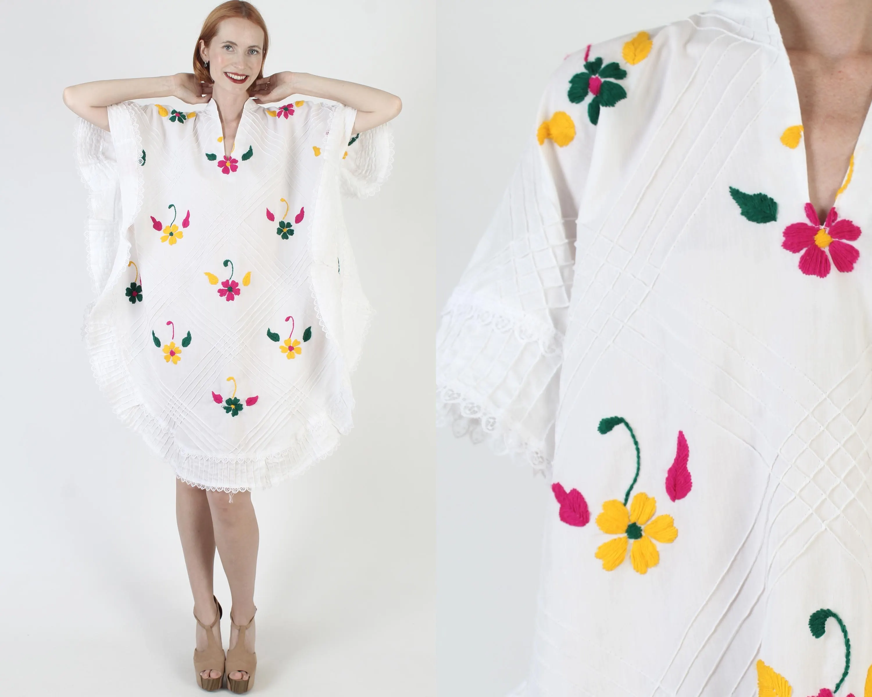 Embroidered Mexican Caftan: White Cotton Blend Floral Cover Up