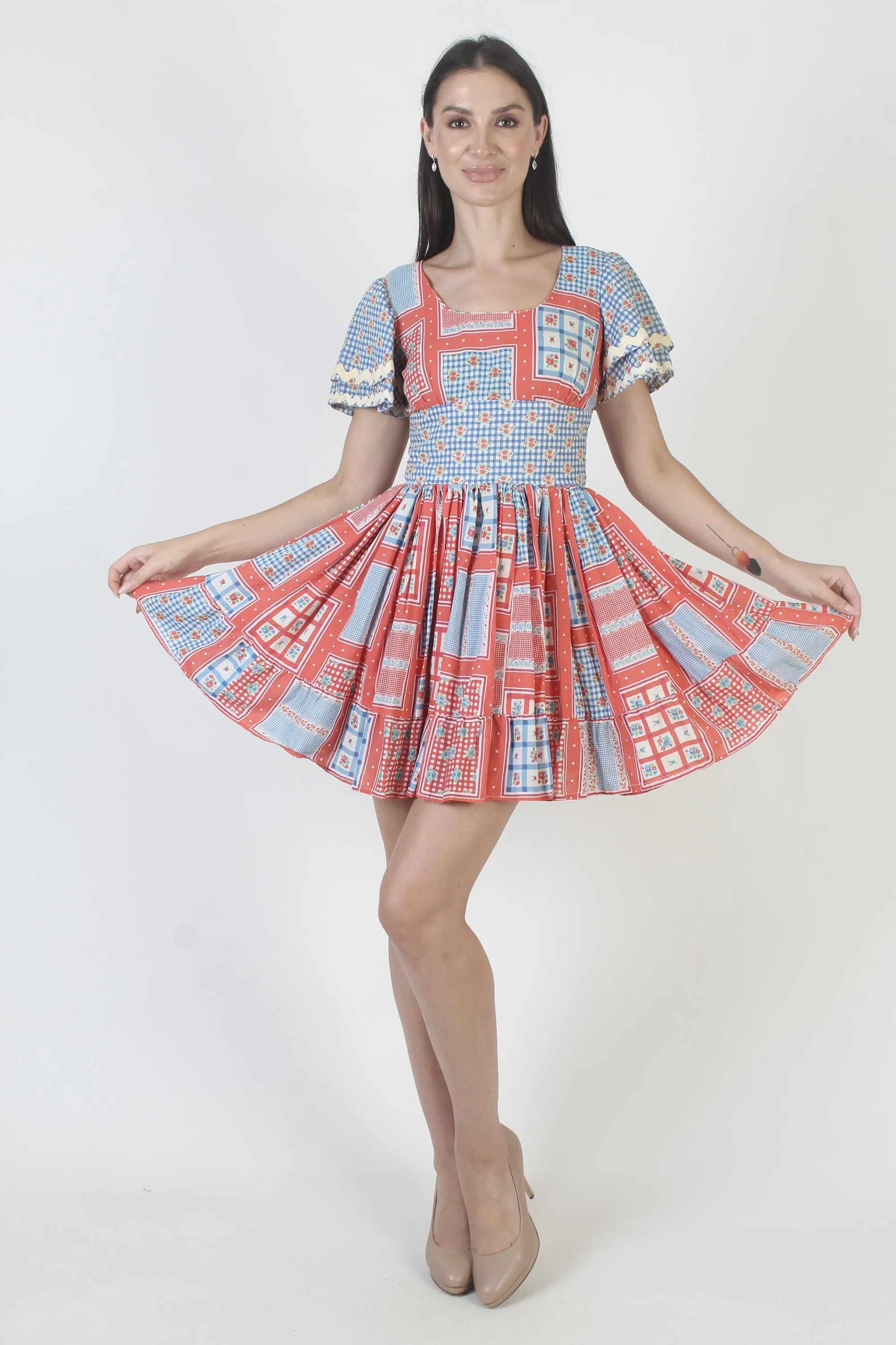 Patchwork Red White Blue Plaid Dress, Checkered Gingham Print, Vintage Picnic Mini - image 3