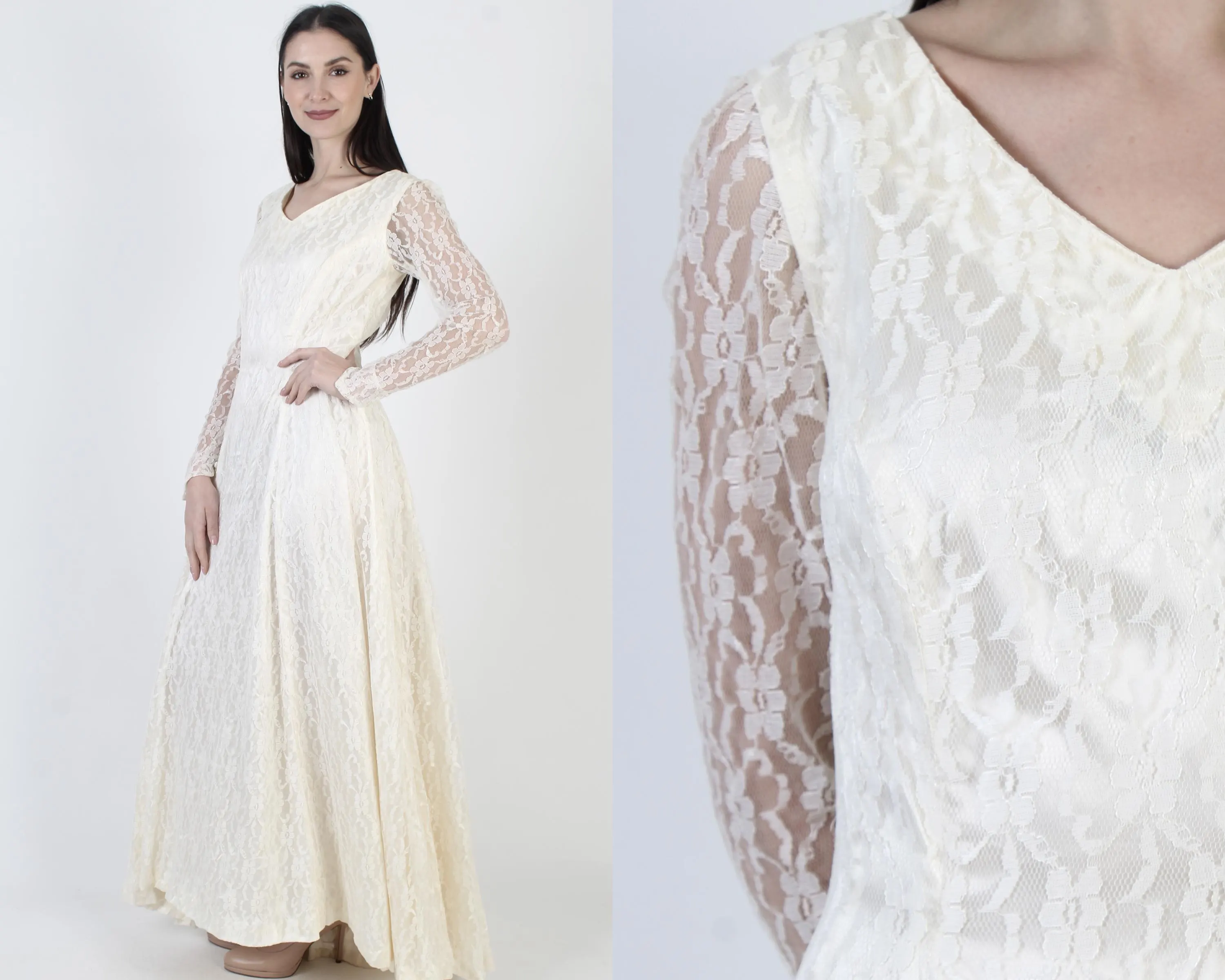 Plain Asymmetrical Wedding Gown, High Low Hem, Traditional Bridal Dress, Sheer Off White Lace