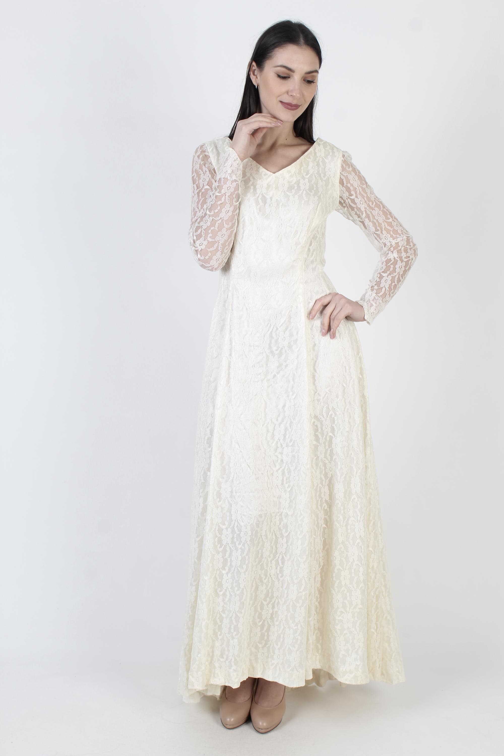 Plain Asymmetrical Wedding Gown, High Low Hem, Traditional Bridal Dress, Sheer Off White Lace - image 3