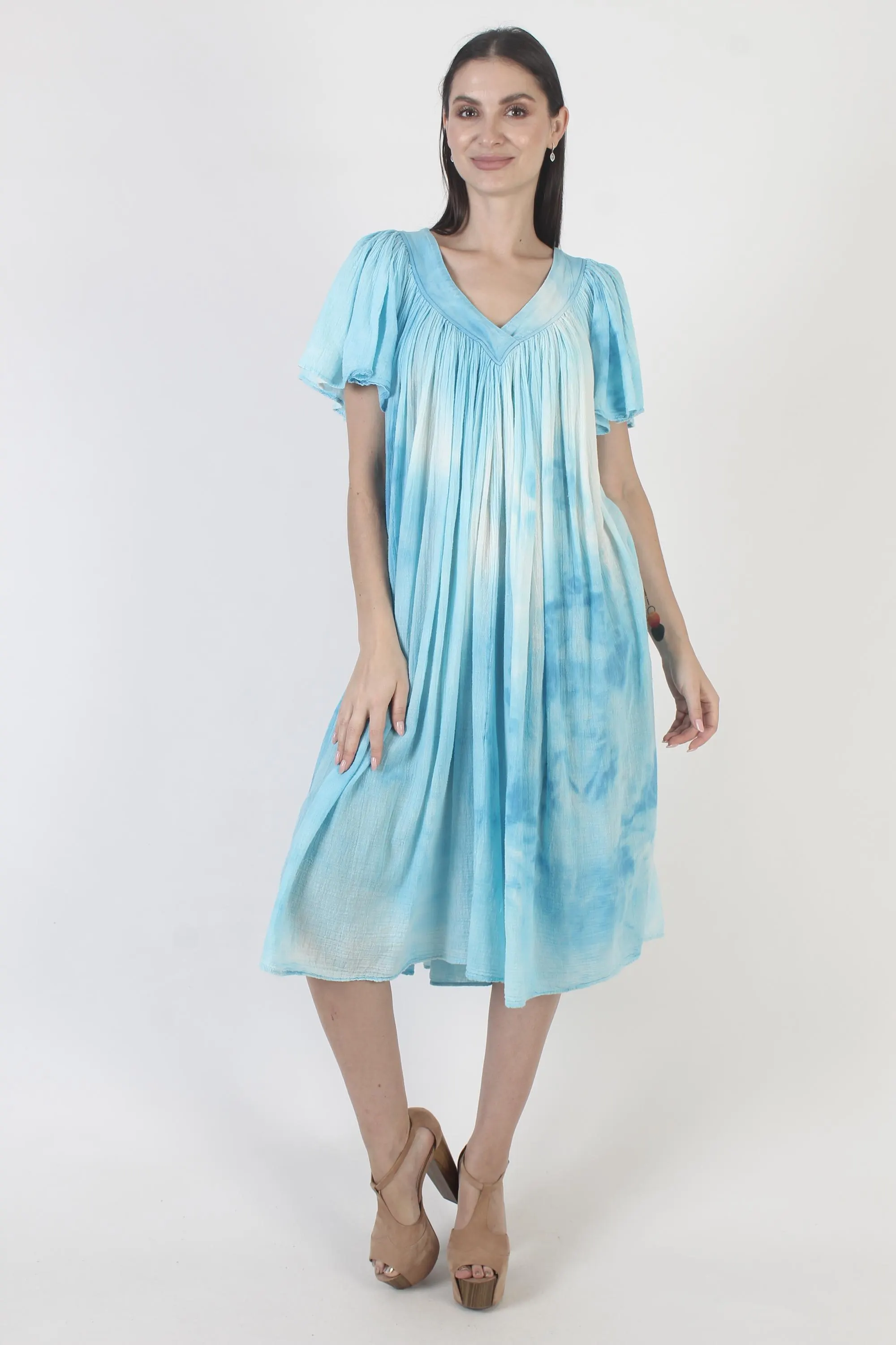 Mexican Gauze Dress, Flutter Sleeve Cotton Sundress, Tie Dye Cover Up - image 3