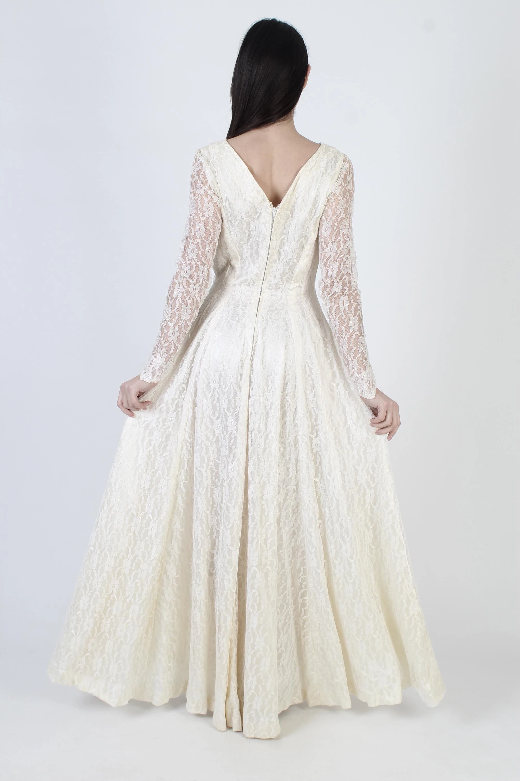 Plain Asymmetrical Wedding Gown, High Low Hem, Traditional Bridal Dress, Sheer Off White Lace - image 4
