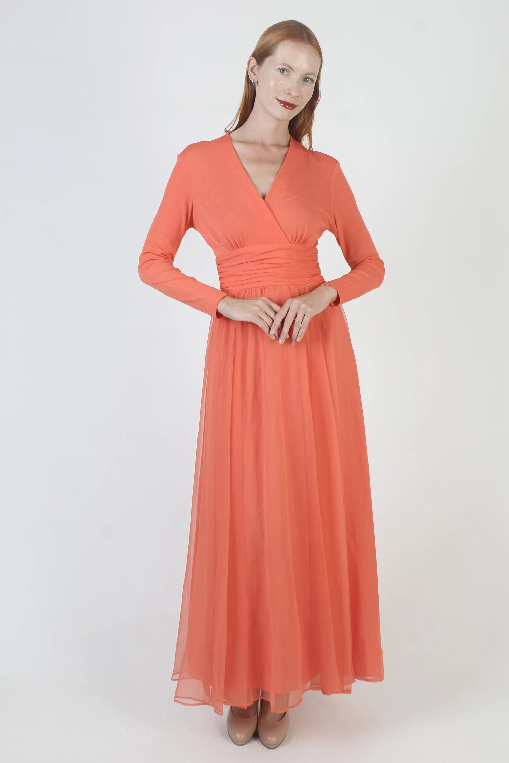 Vintage Miss Elliette Disco Dress, Orange Chiffon Gown, Cocktail Party Maxi - image 5