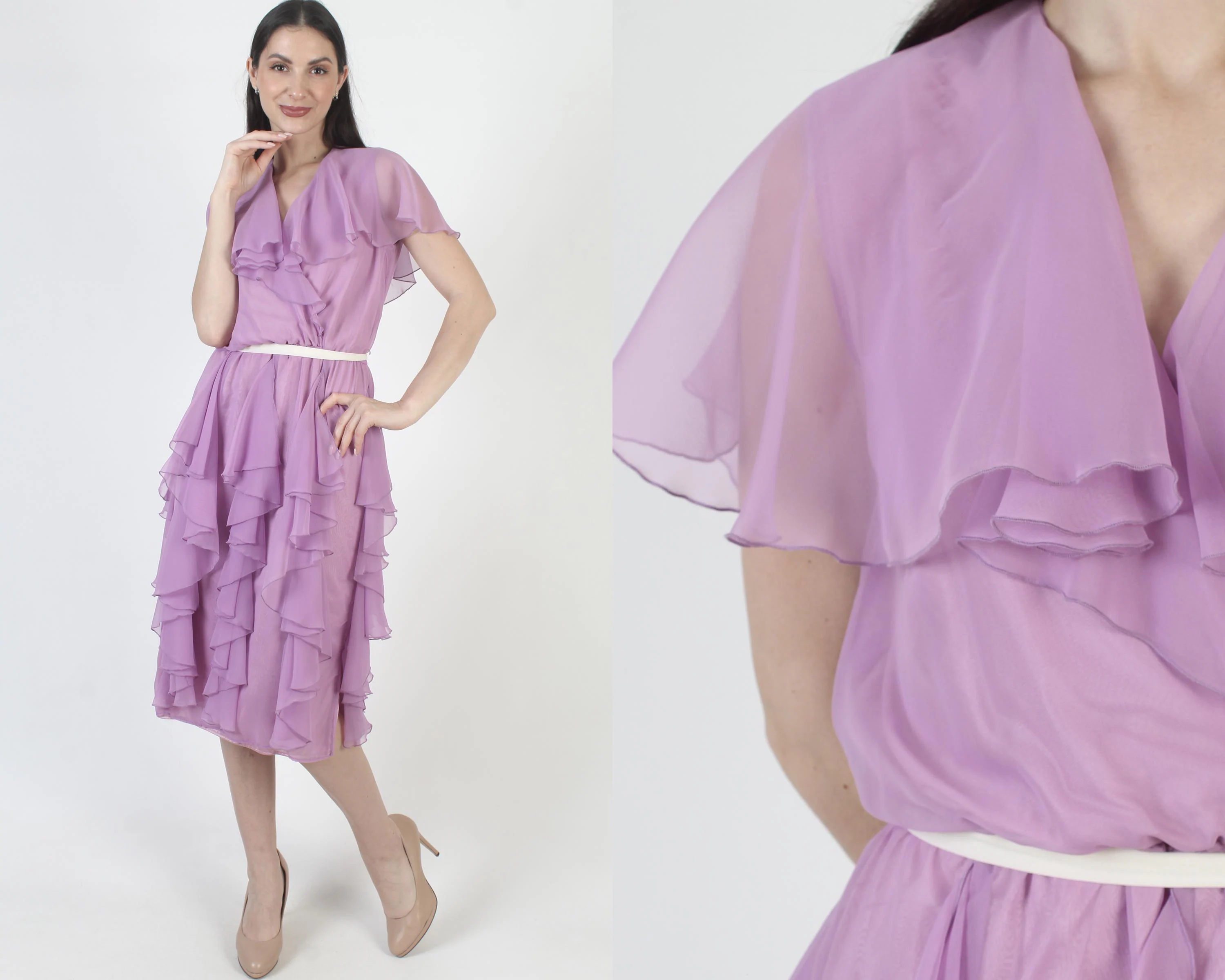 Purple Chiffon Dress, Disco Dancing Midi, Vintage 70s Tiered Skirt, Cocktail Party Host