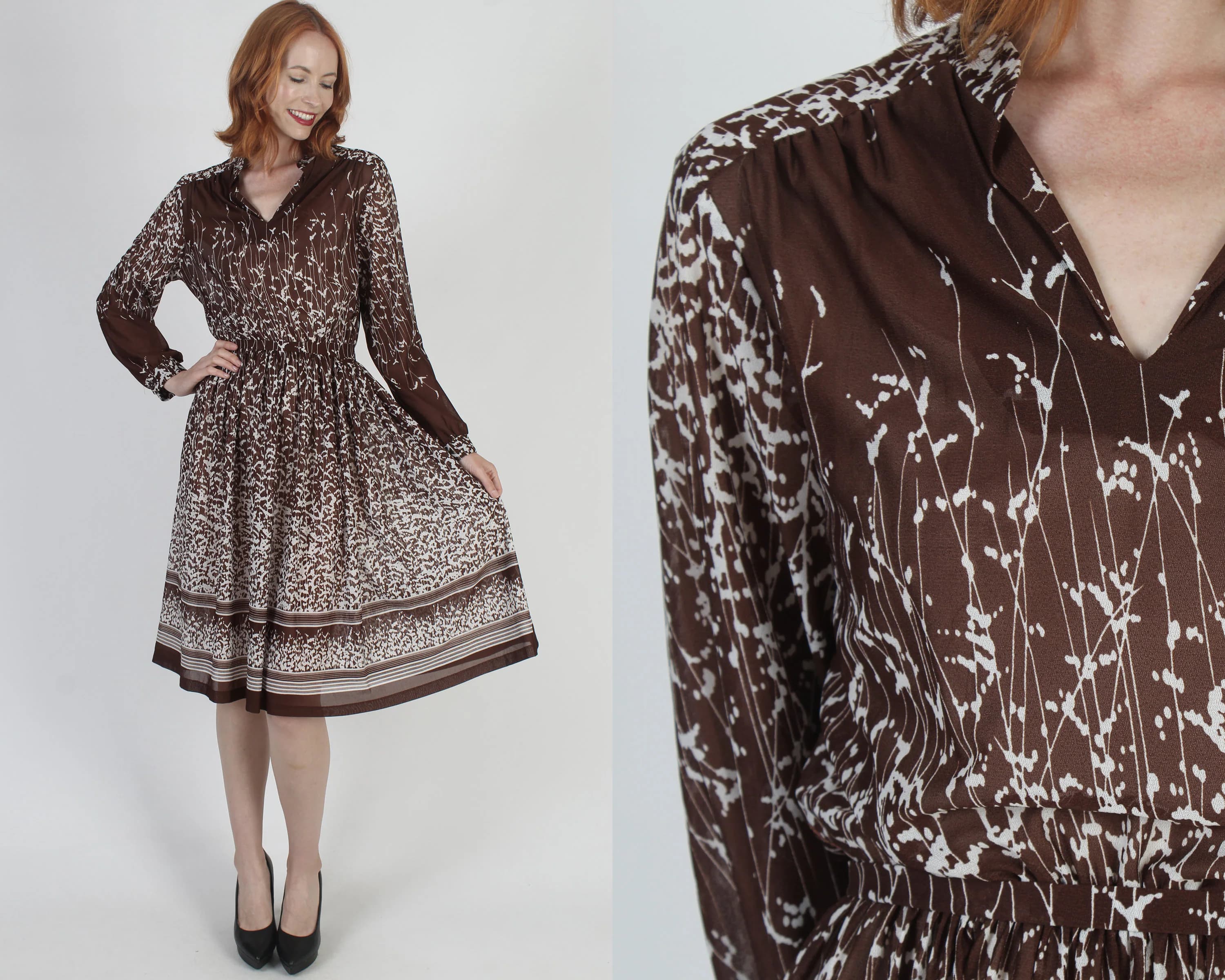 Brown Floral Secretary Dress, Matching Belt, Sheer Lightweight Sundress, Disco Party Mini