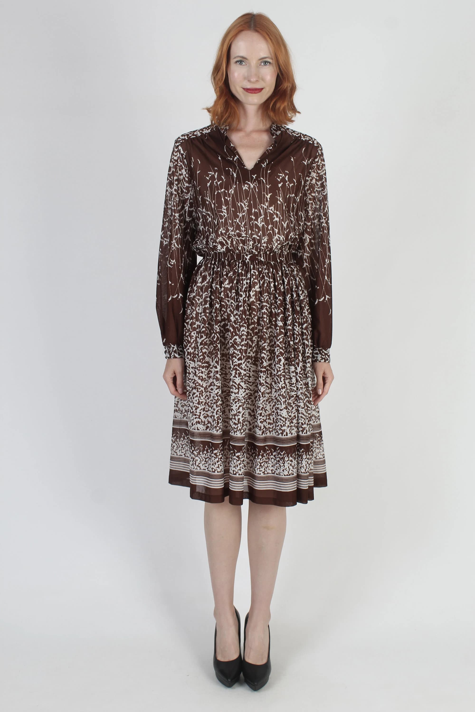 Brown Floral Secretary Dress, Matching Belt, Sheer Lightweight Sundress, Disco Party Mini - image 5