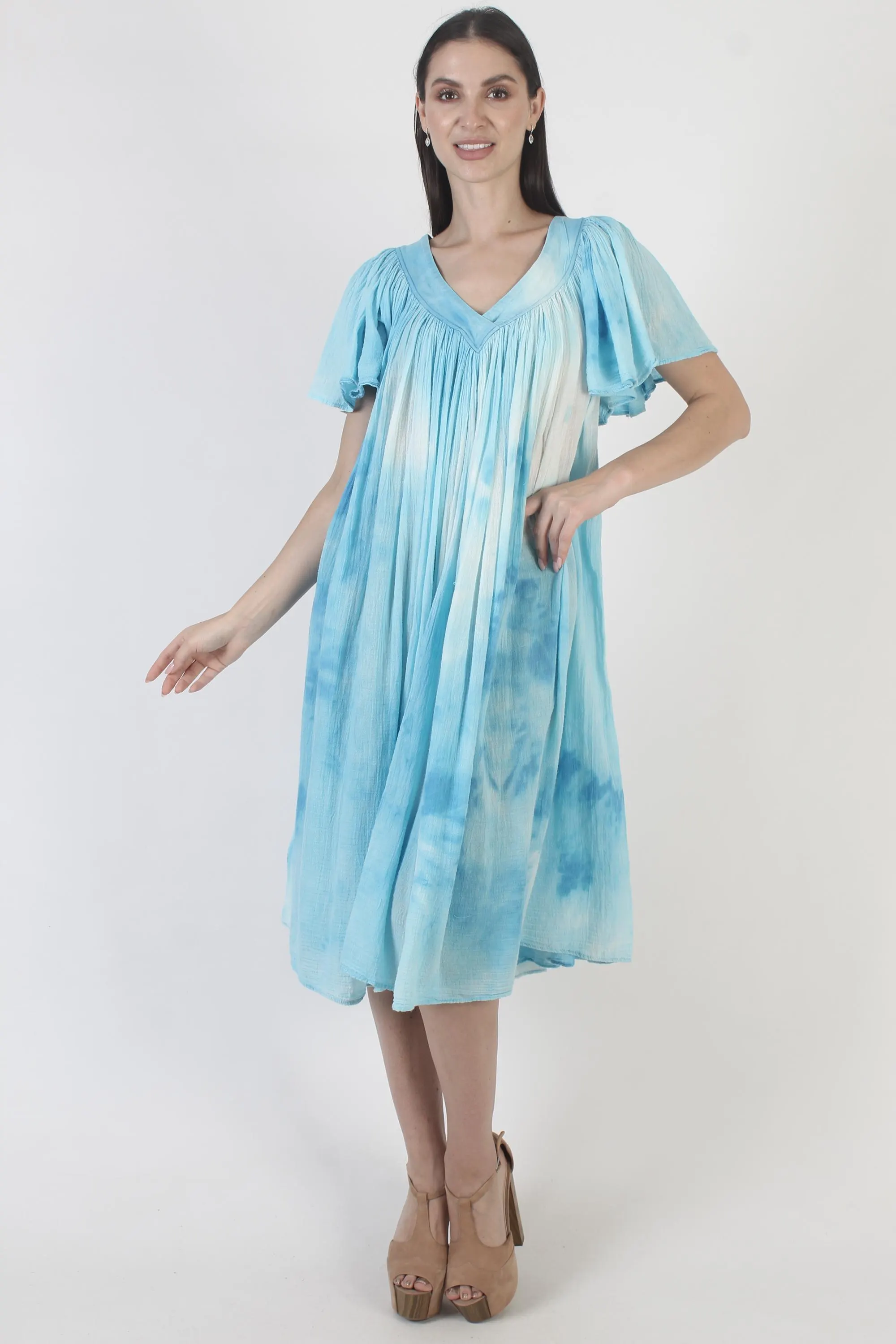 Mexican Gauze Dress, Flutter Sleeve Cotton Sundress, Tie Dye Cover Up - image 5