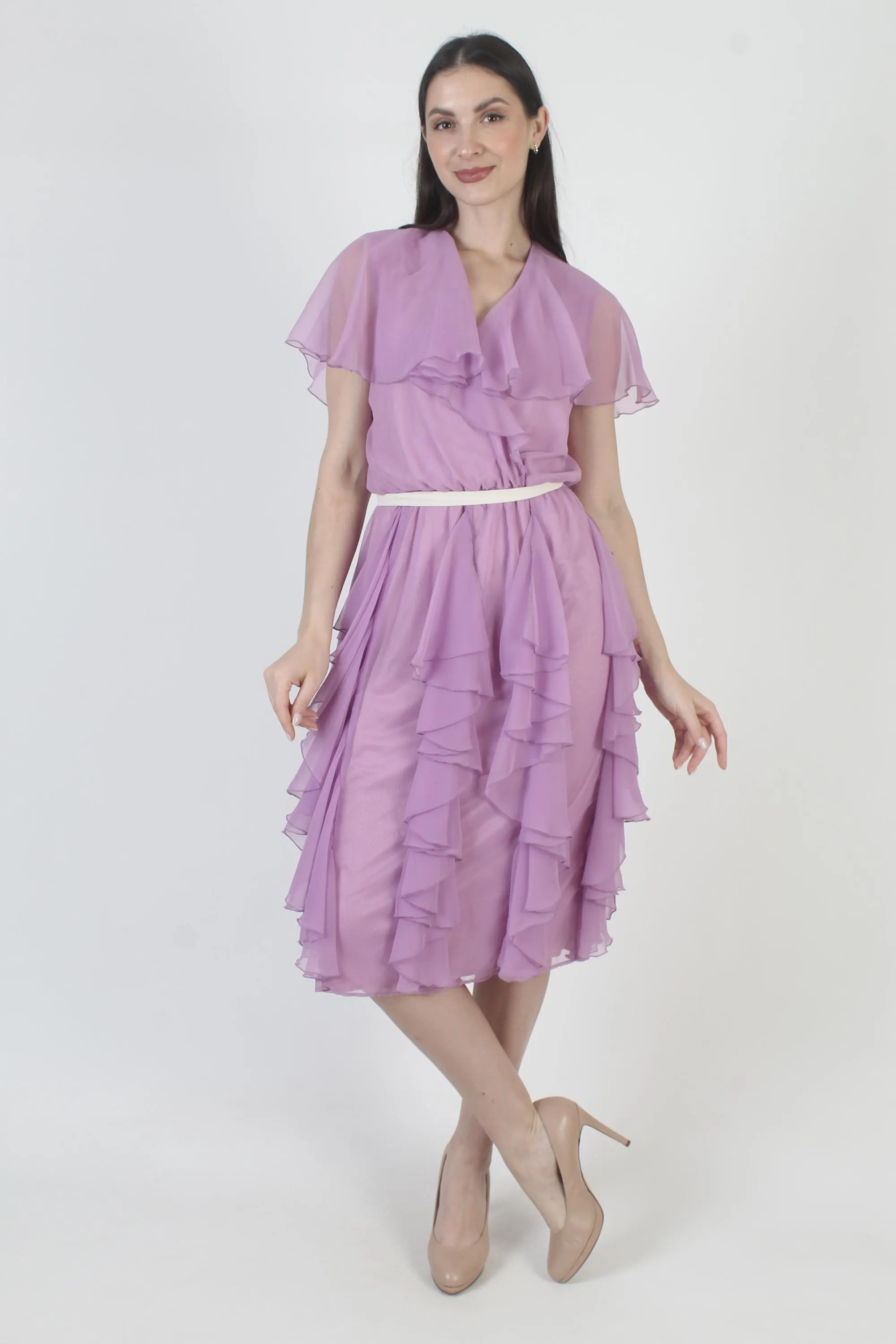 Purple Chiffon Dress, Disco Dancing Midi, Vintage 70s Tiered Skirt, Cocktail Party Host - image 5