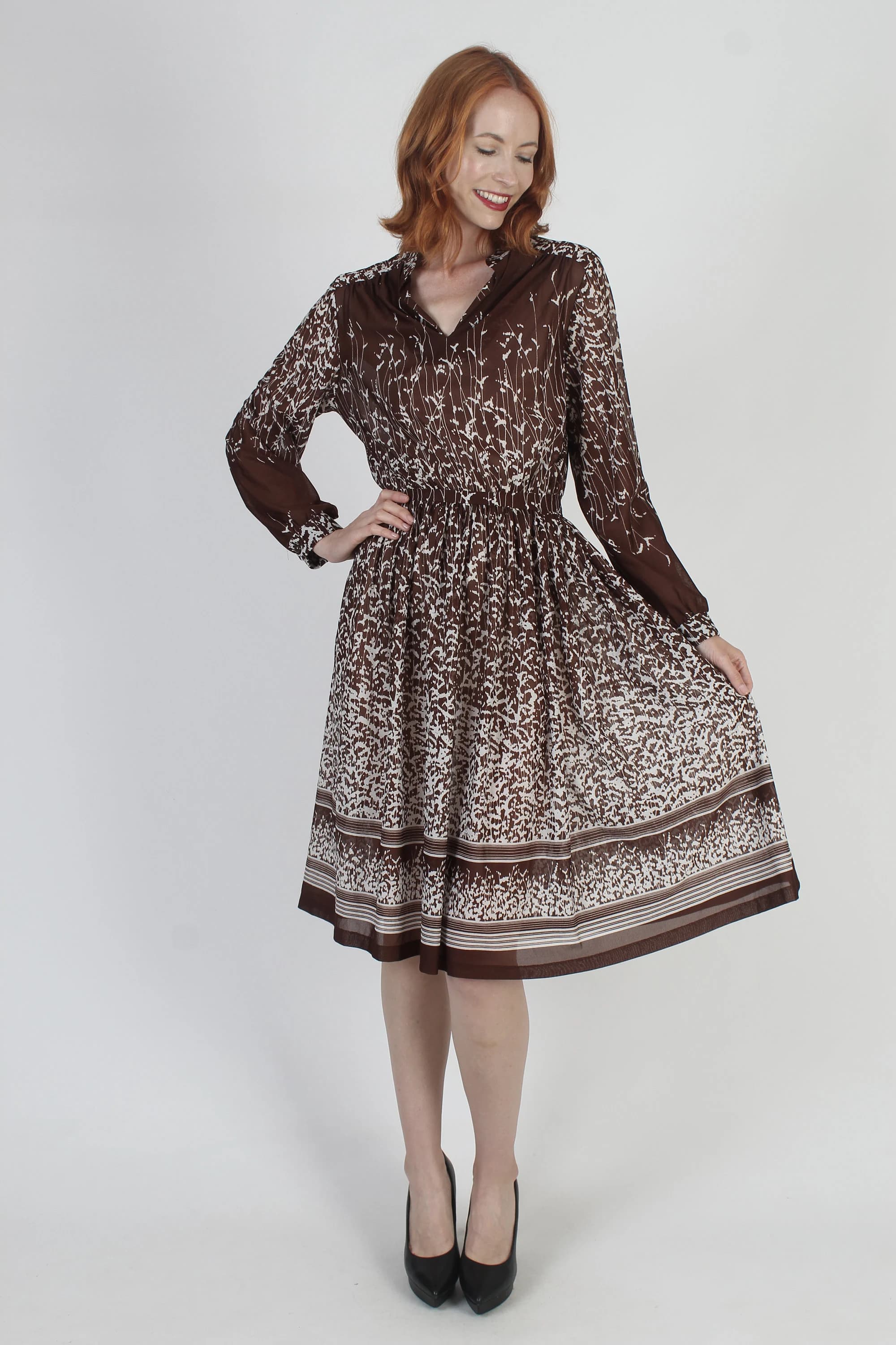 Brown Floral Secretary Dress, Matching Belt, Sheer Lightweight Sundress, Disco Party Mini - image 3