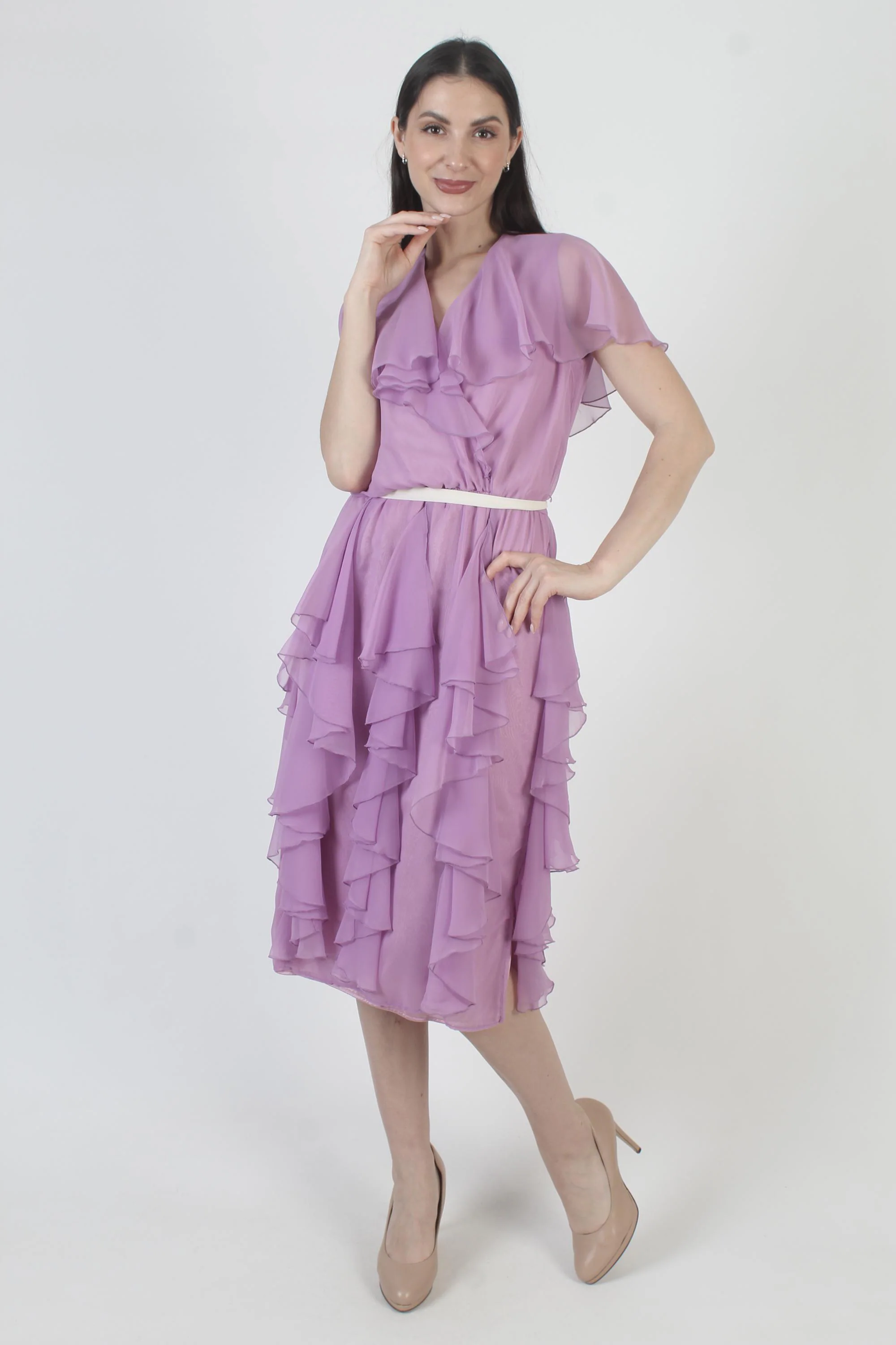 Purple Chiffon Dress, Disco Dancing Midi, Vintage 70s Tiered Skirt, Cocktail Party Host - image 3