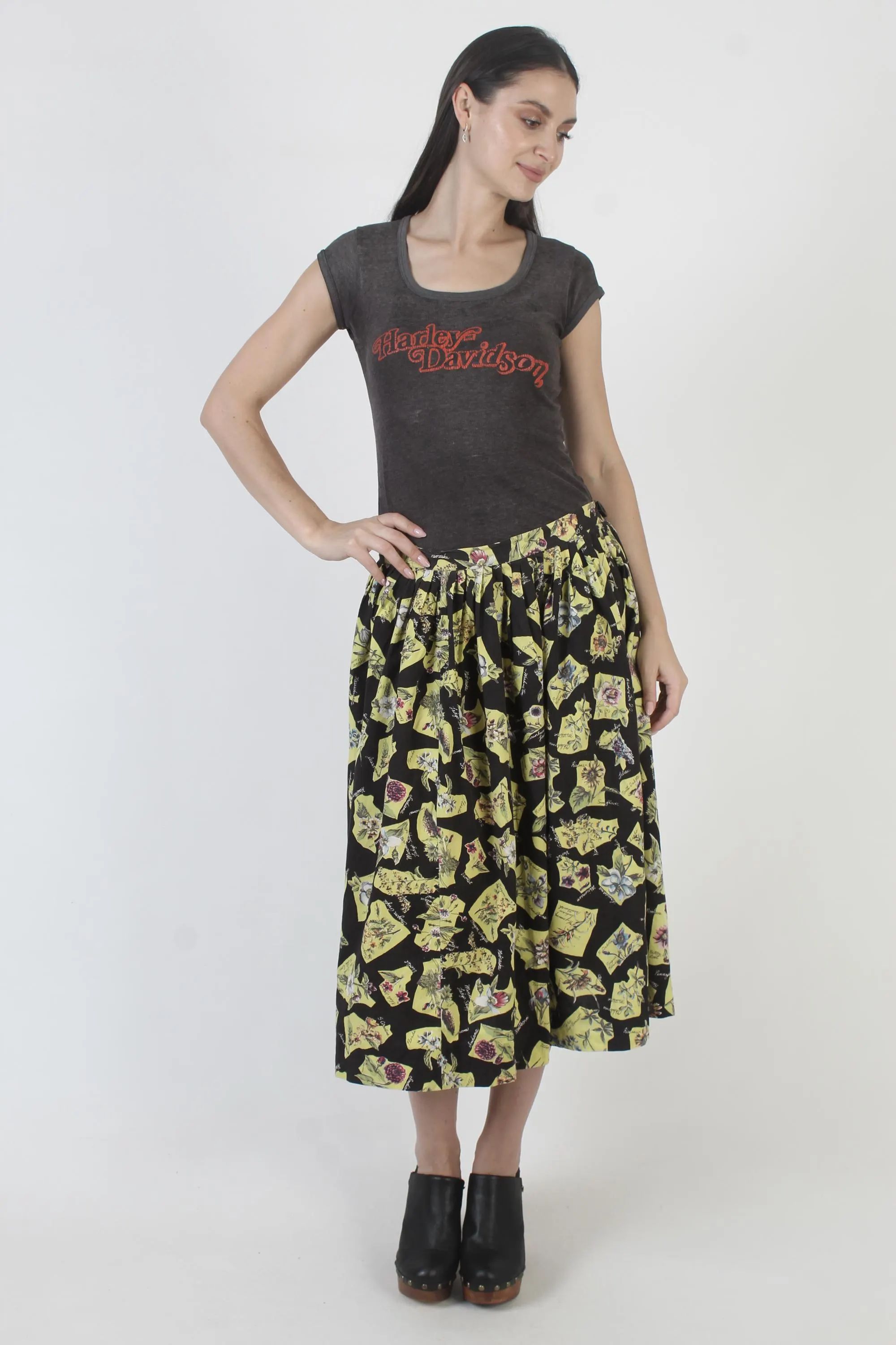 Vintage 50s Black Cotton Skirt, Floral Novelty Print, Mid Century Midi - image 3