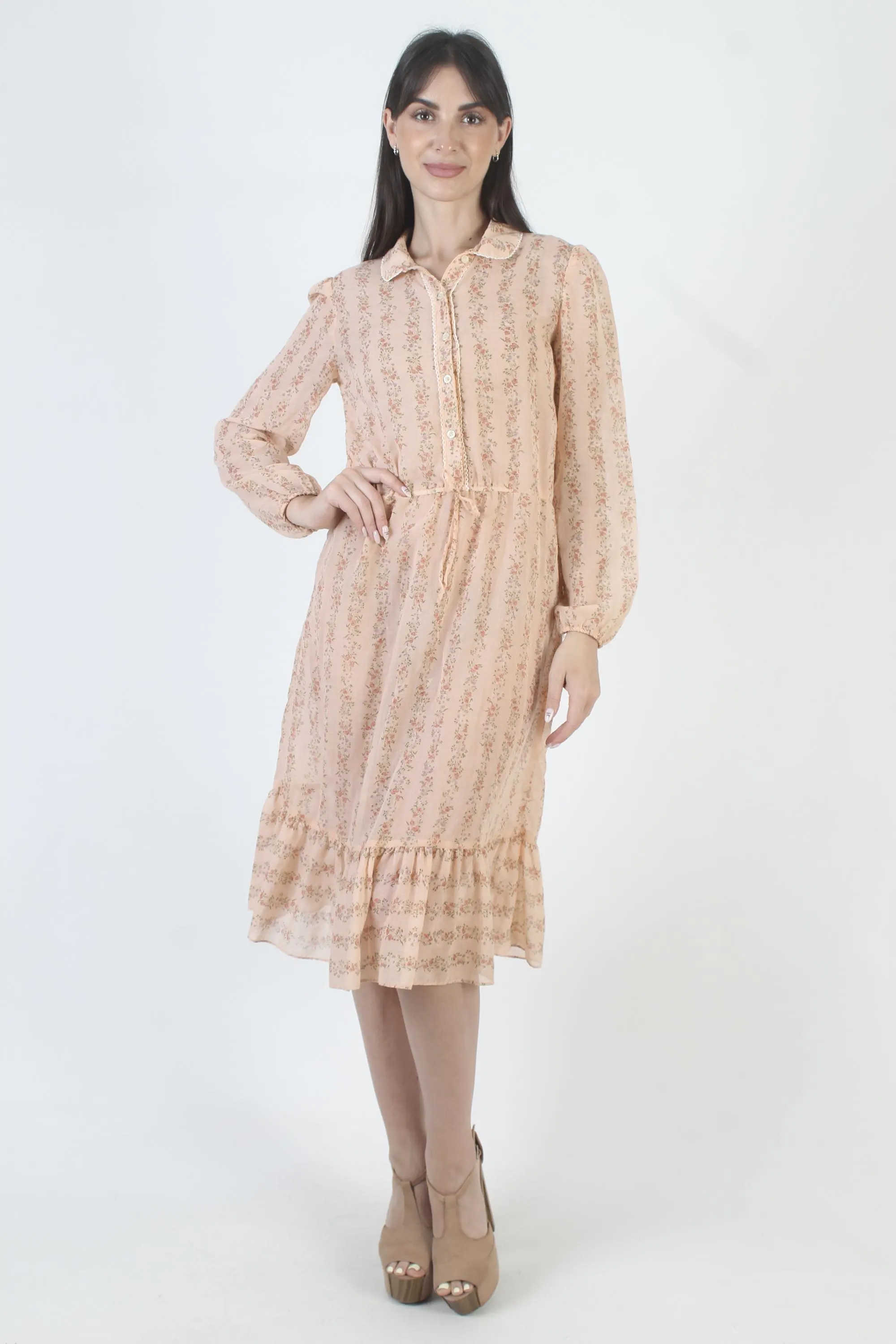 Peach Floral Sundress, Vintage 70s Prairie Dress, Lightweight Fabric, Vertical Stripe Print - image 3