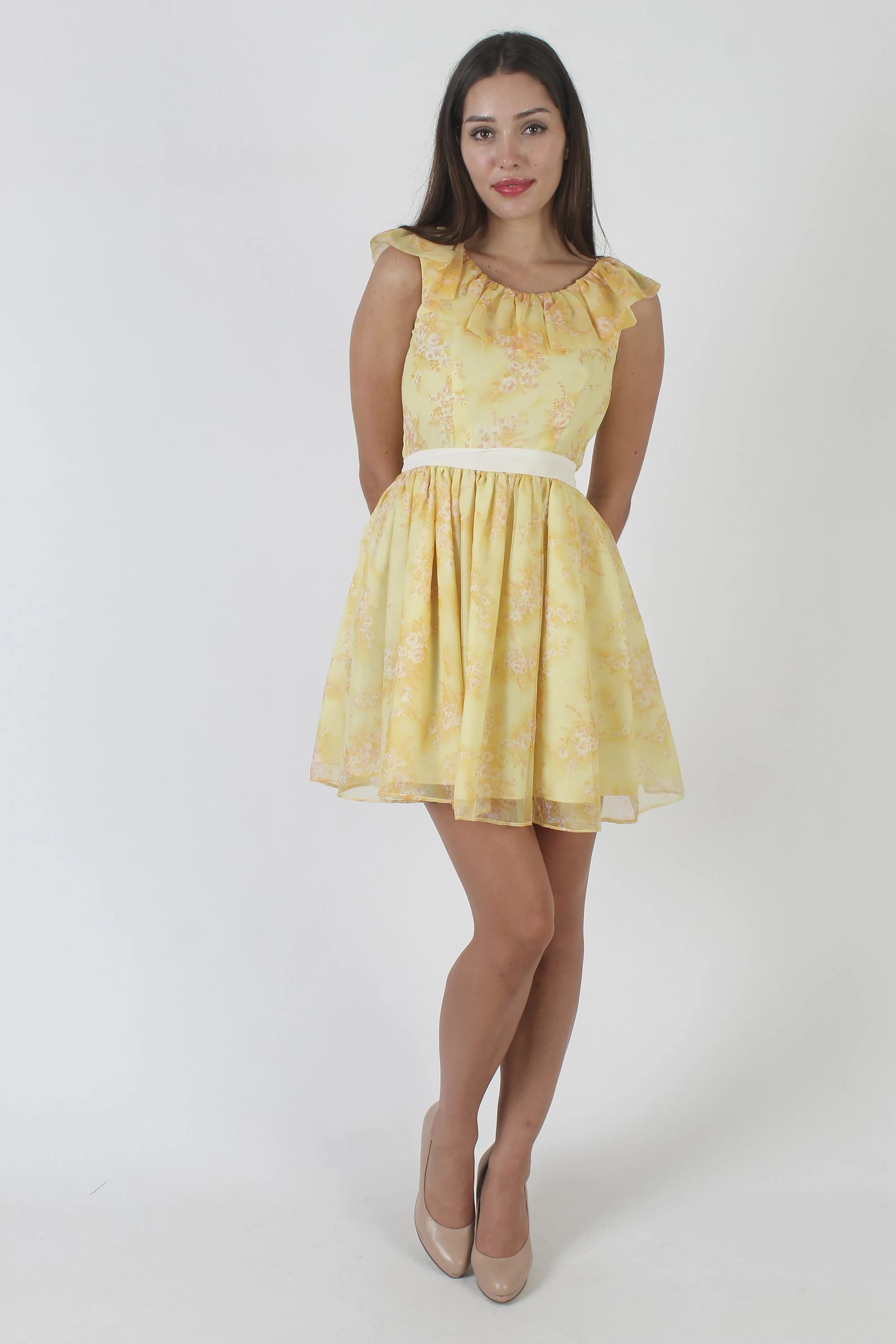 Vintage 70s Yellow Cotton Blend Party Dress: High Waisted Mini Frock - image 4