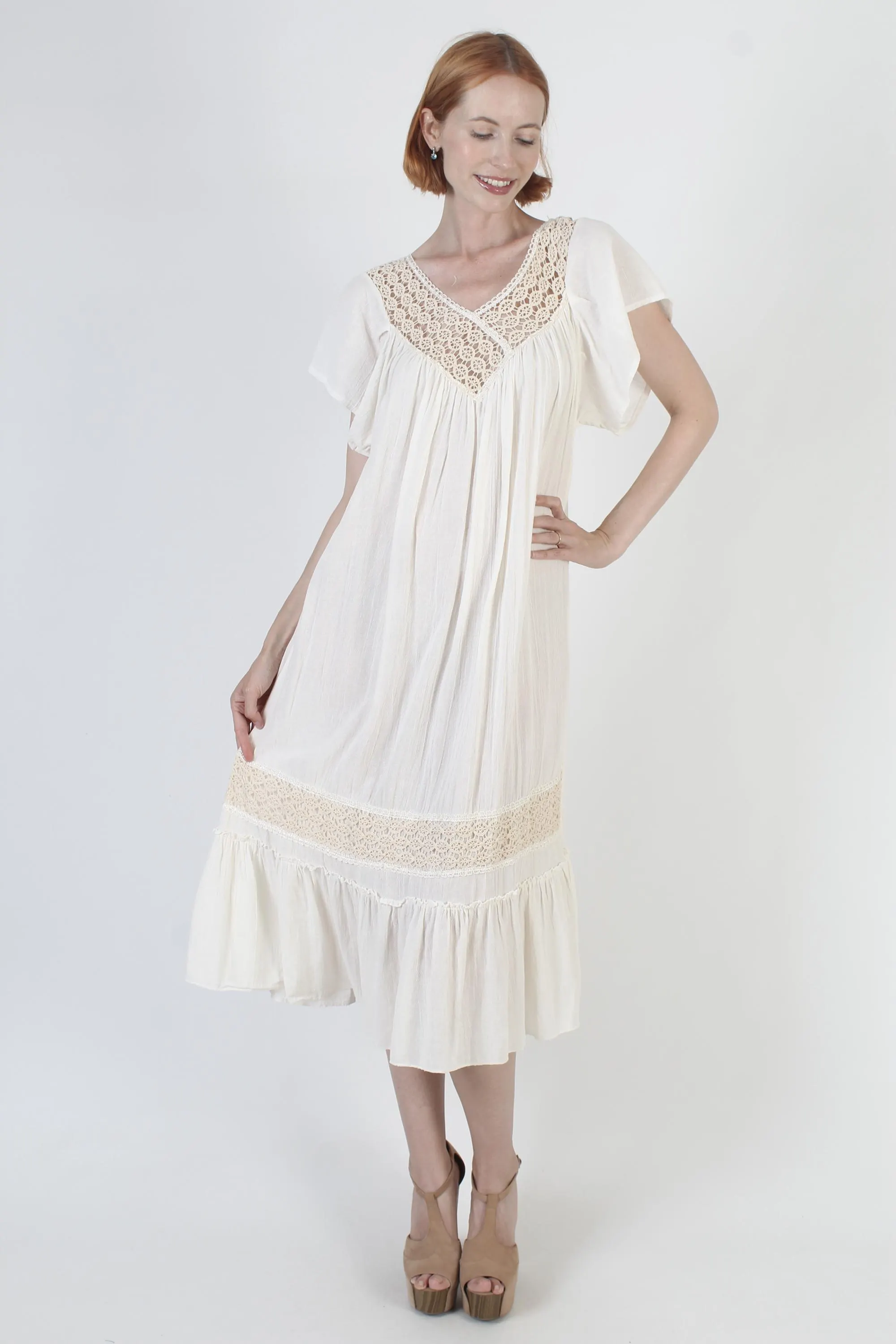 Cream Cotton Gauze Dress, Vintage Crochet Beach Cover, Pool Sundress - image 3