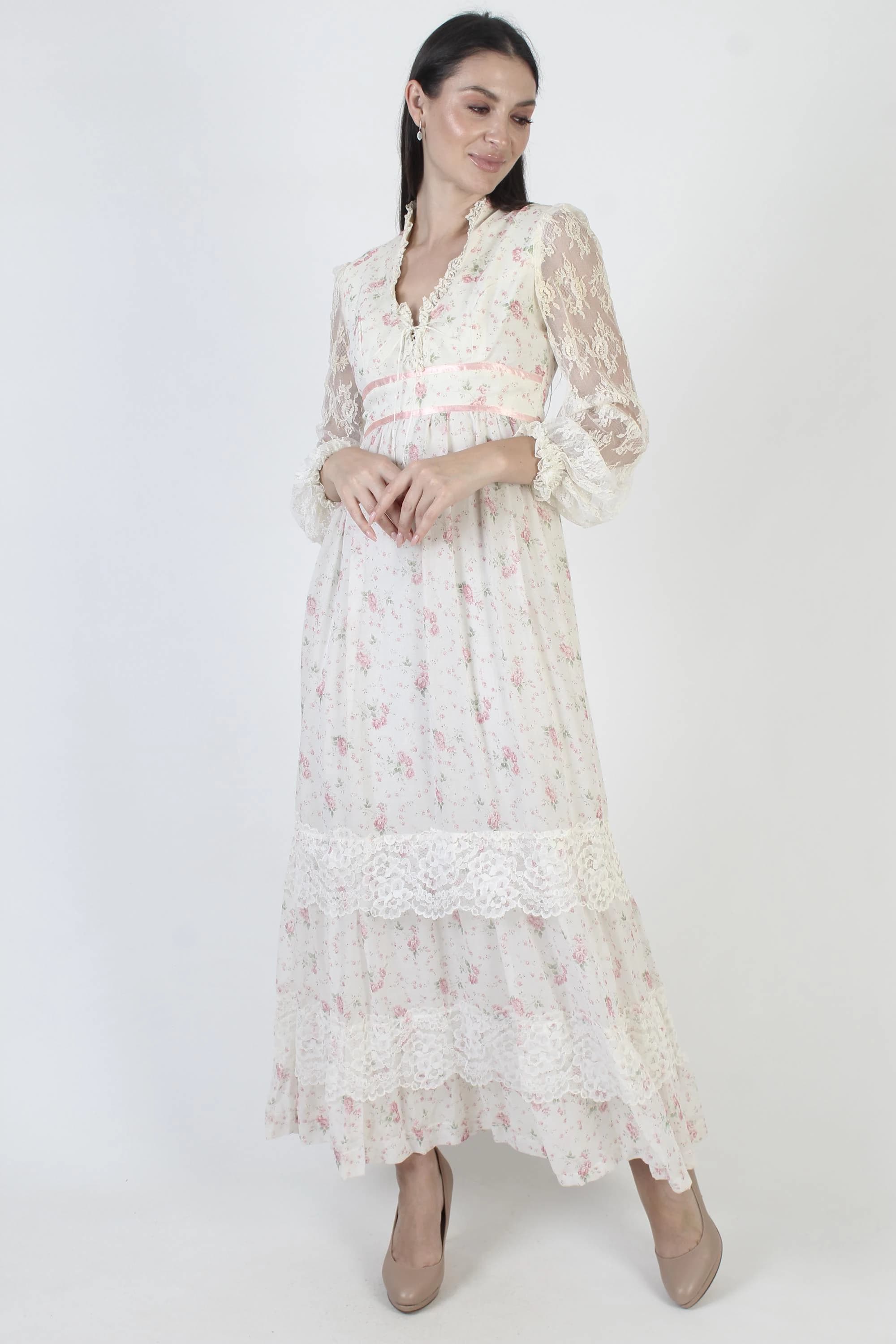 Bohemian Wedding Dress, Vintage Corset Gown, Sheer White Lace Sleeves - image 4
