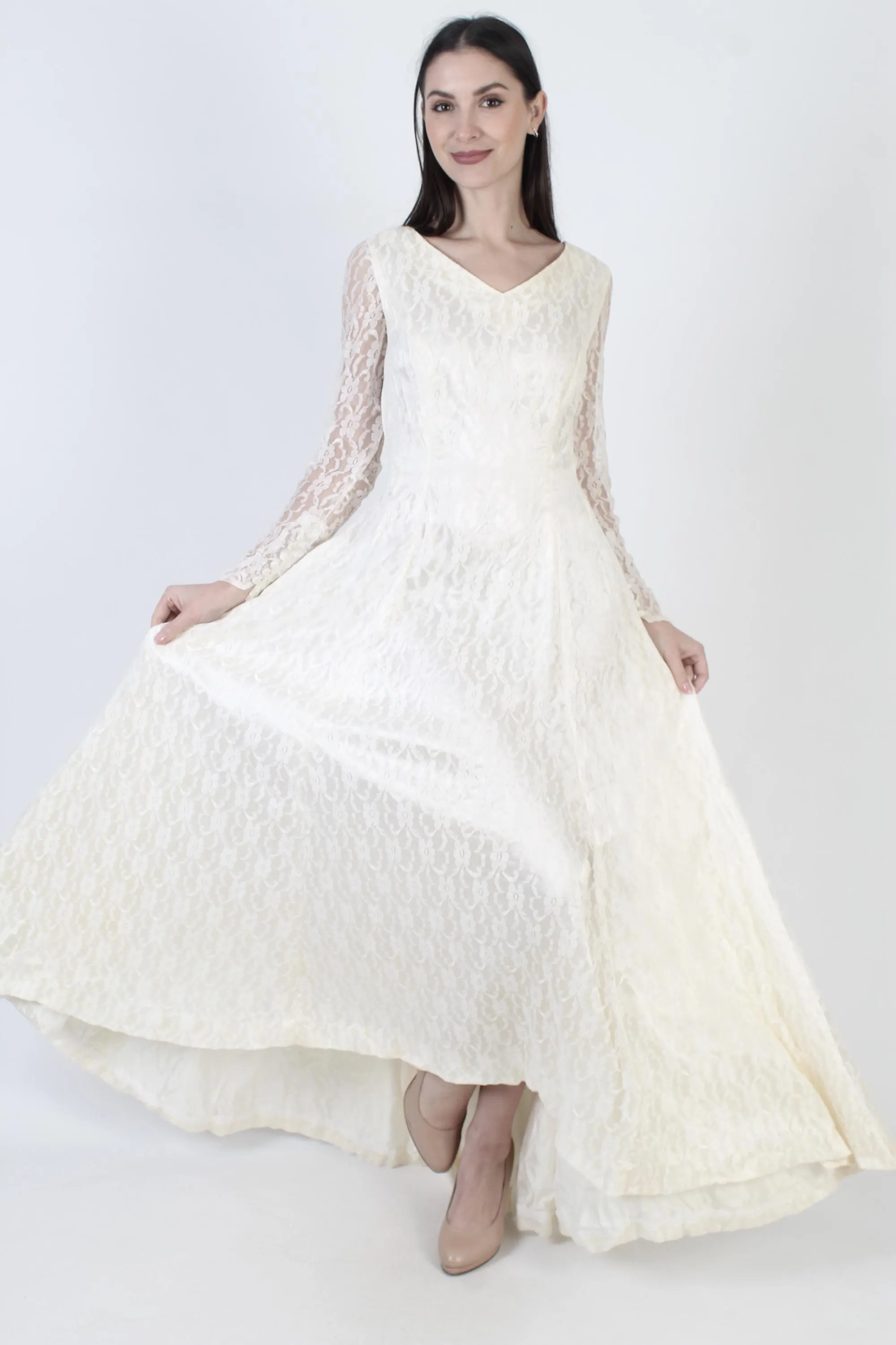 Plain Asymmetrical Wedding Gown, High Low Hem, Traditional Bridal Dress, Sheer Off White Lace - image 5