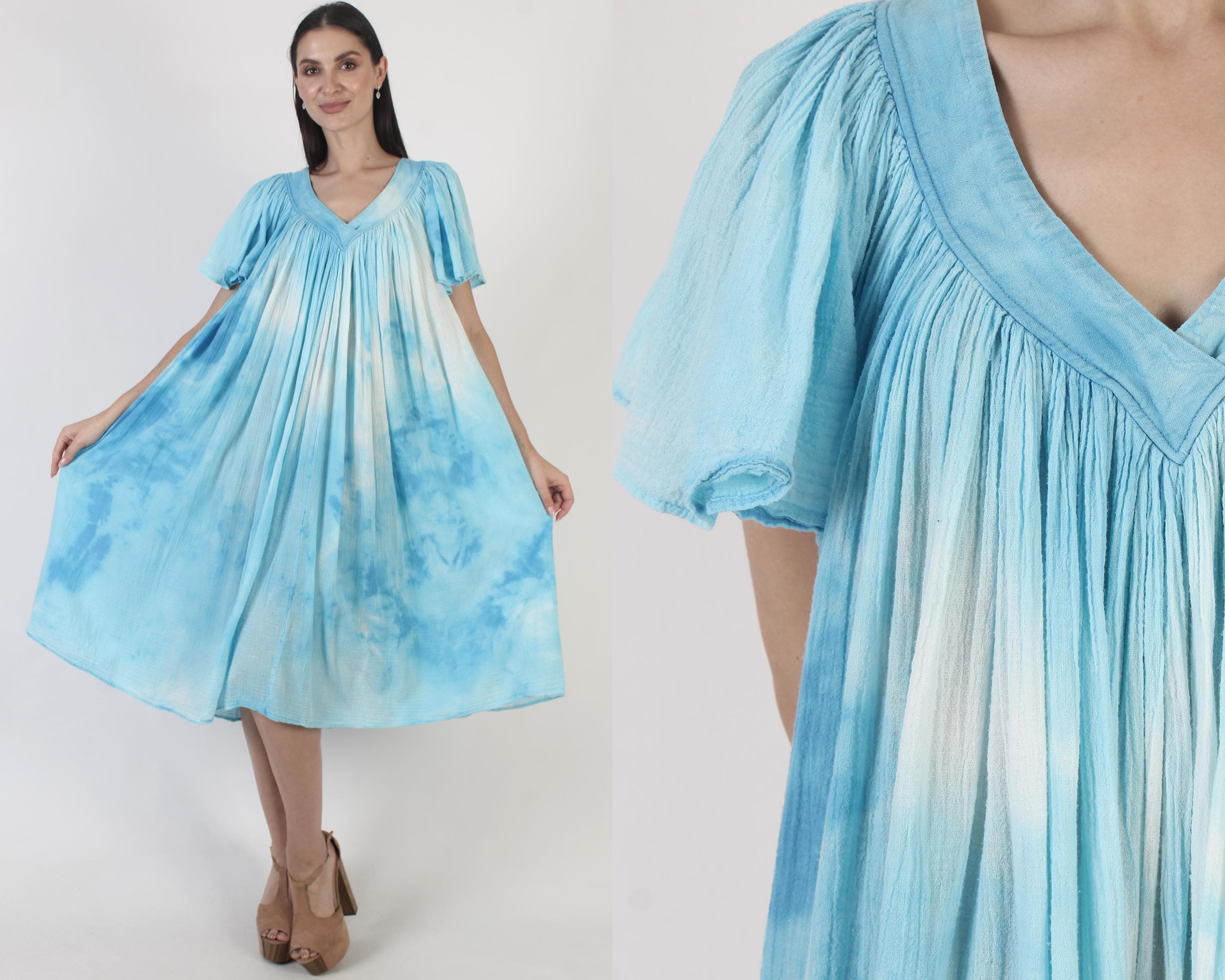 Mexican Gauze Dress, Flutter Sleeve Cotton Sundress, Tie Dye Cover Up