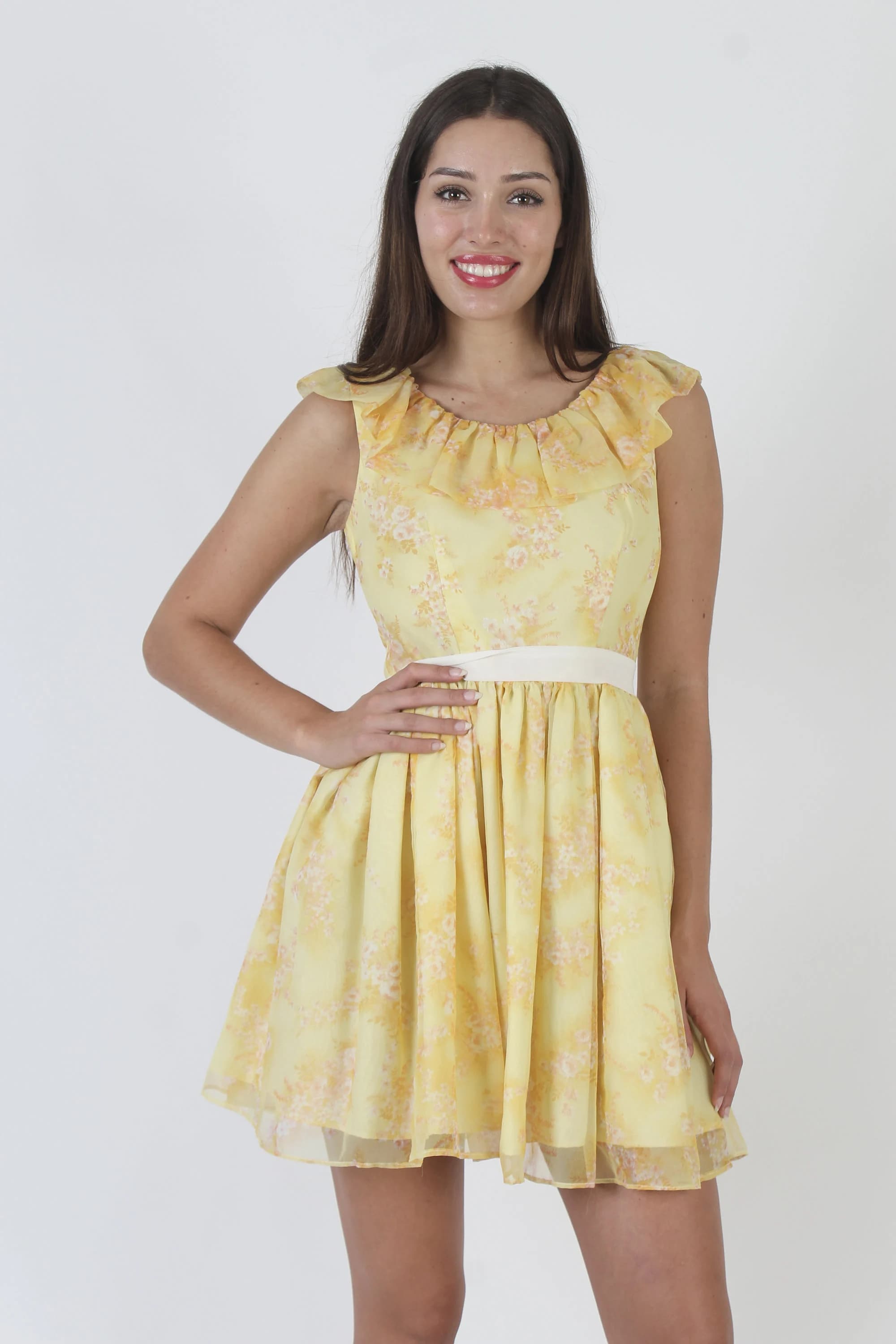 Vintage 70s Yellow Cotton Blend Party Dress: High Waisted Mini Frock - image 3