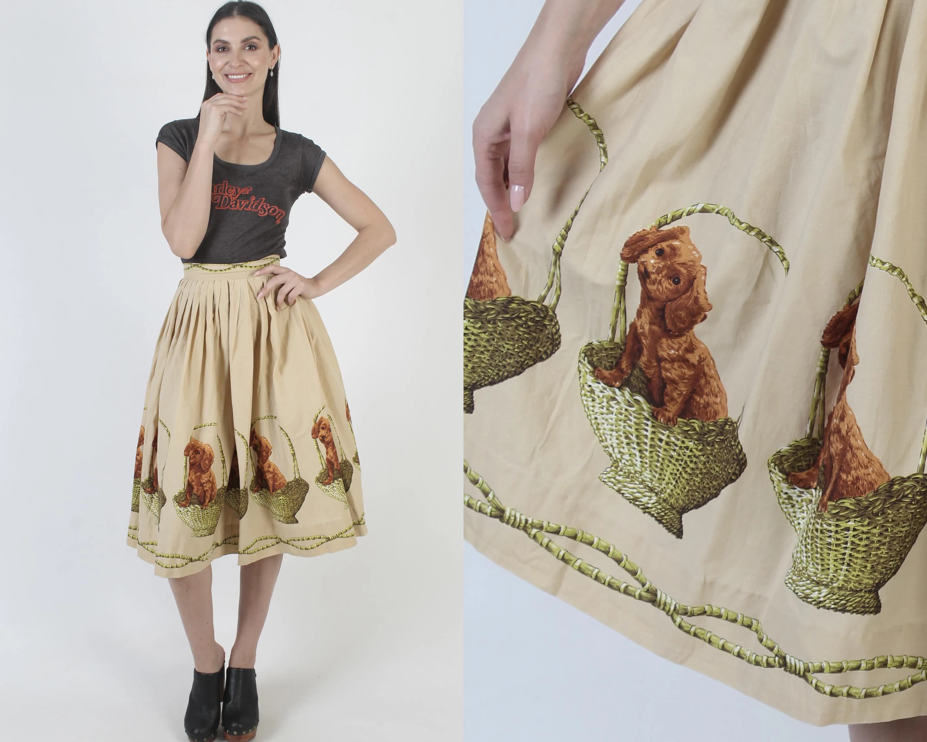 Vintage Mid Century Dog Skirt, 50s Novelty Irish Setter Print, Beige Cotton